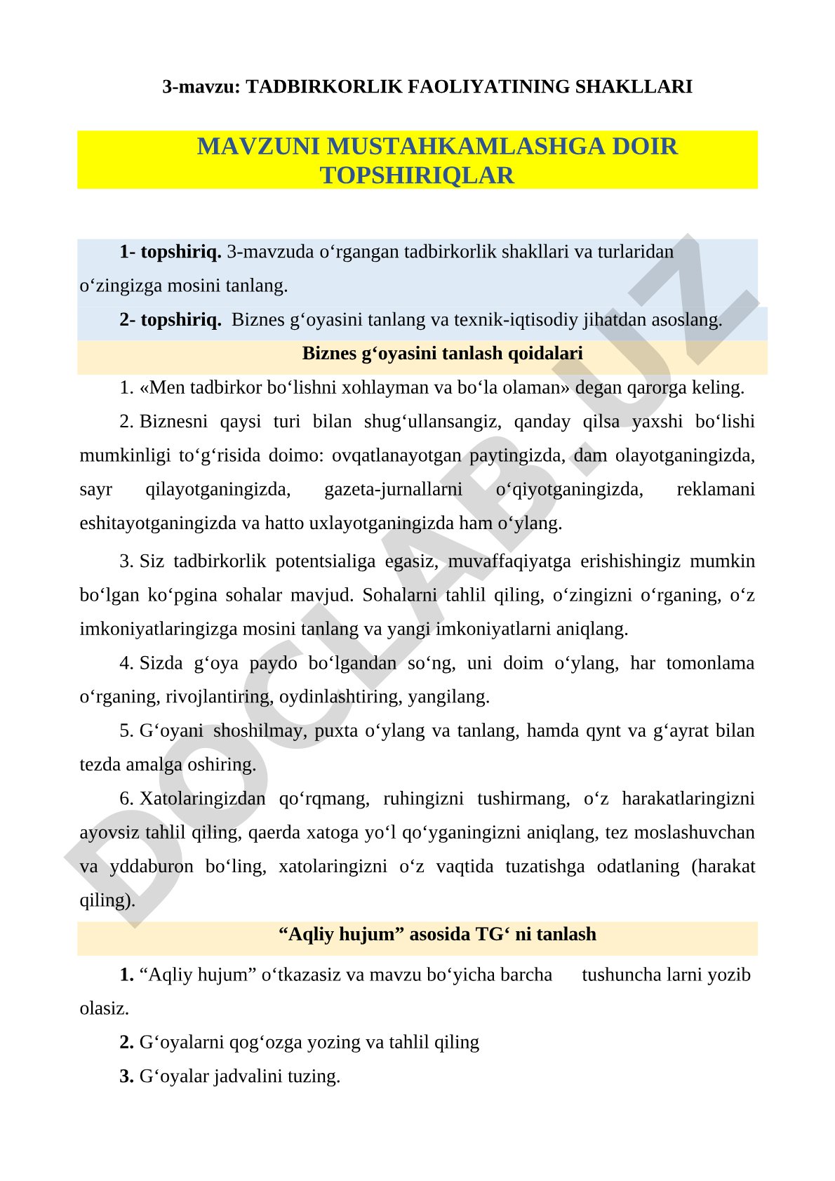 Tadbirkorlik faoliyatining shakllari mavzusini mustahkamlashga doir topshiriqlar