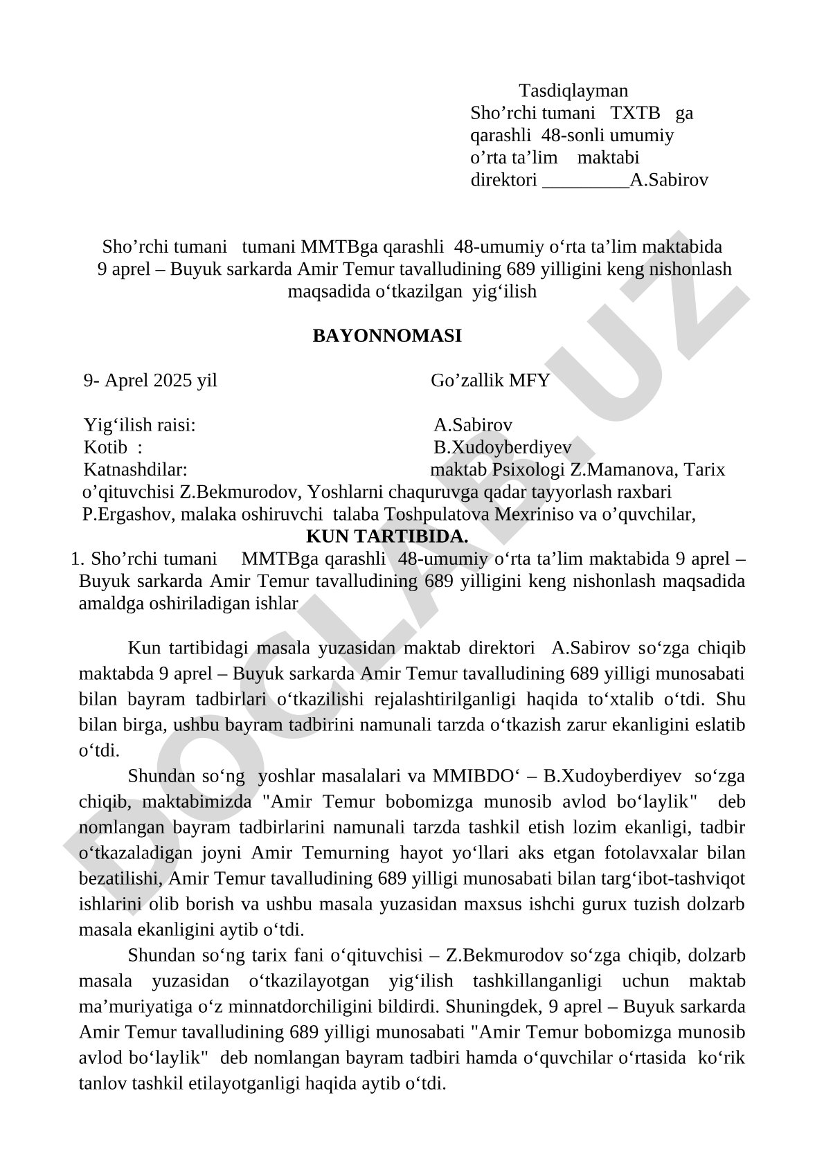 Buyuk sarkarda Amir Temur tavalludining 689 yilligini nishonlash yig'ilish bayonnomasi