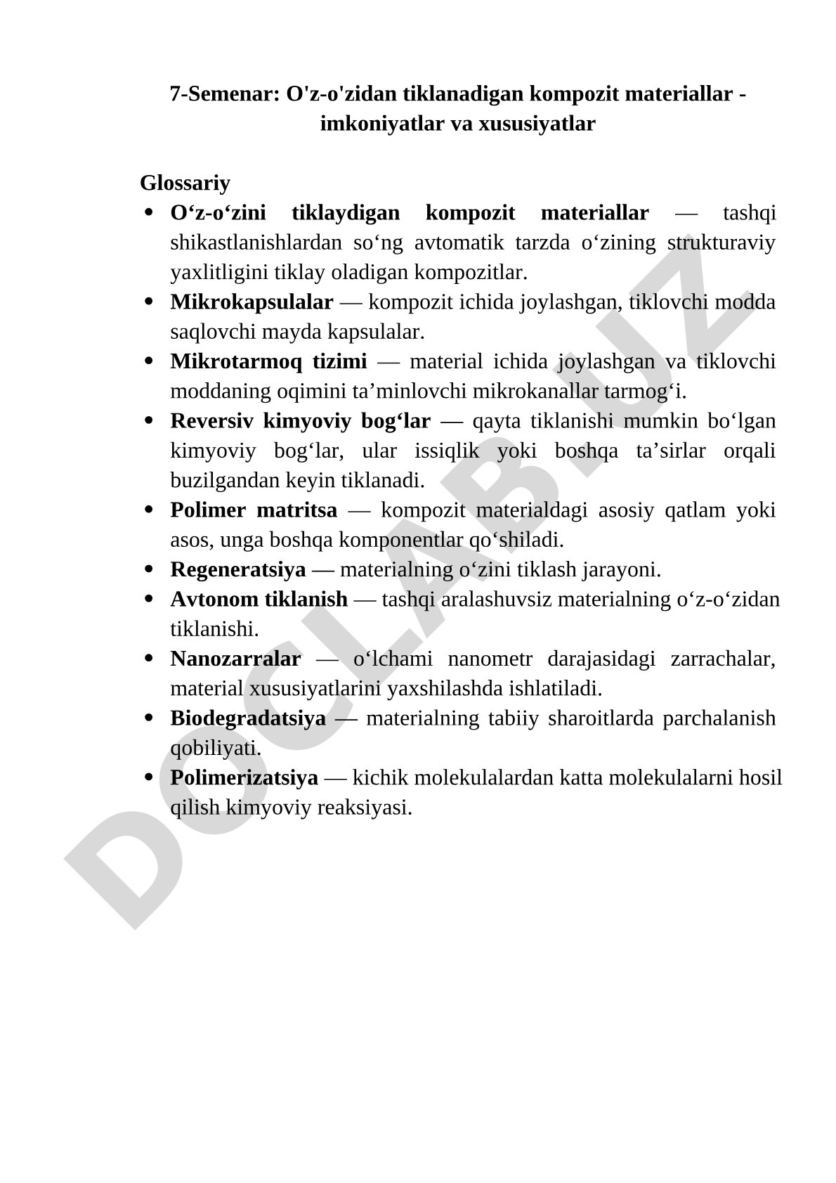 O'z-o'zidan tiklanadigan kompozit materiallar - imkoniyatlar va xususiyatlar