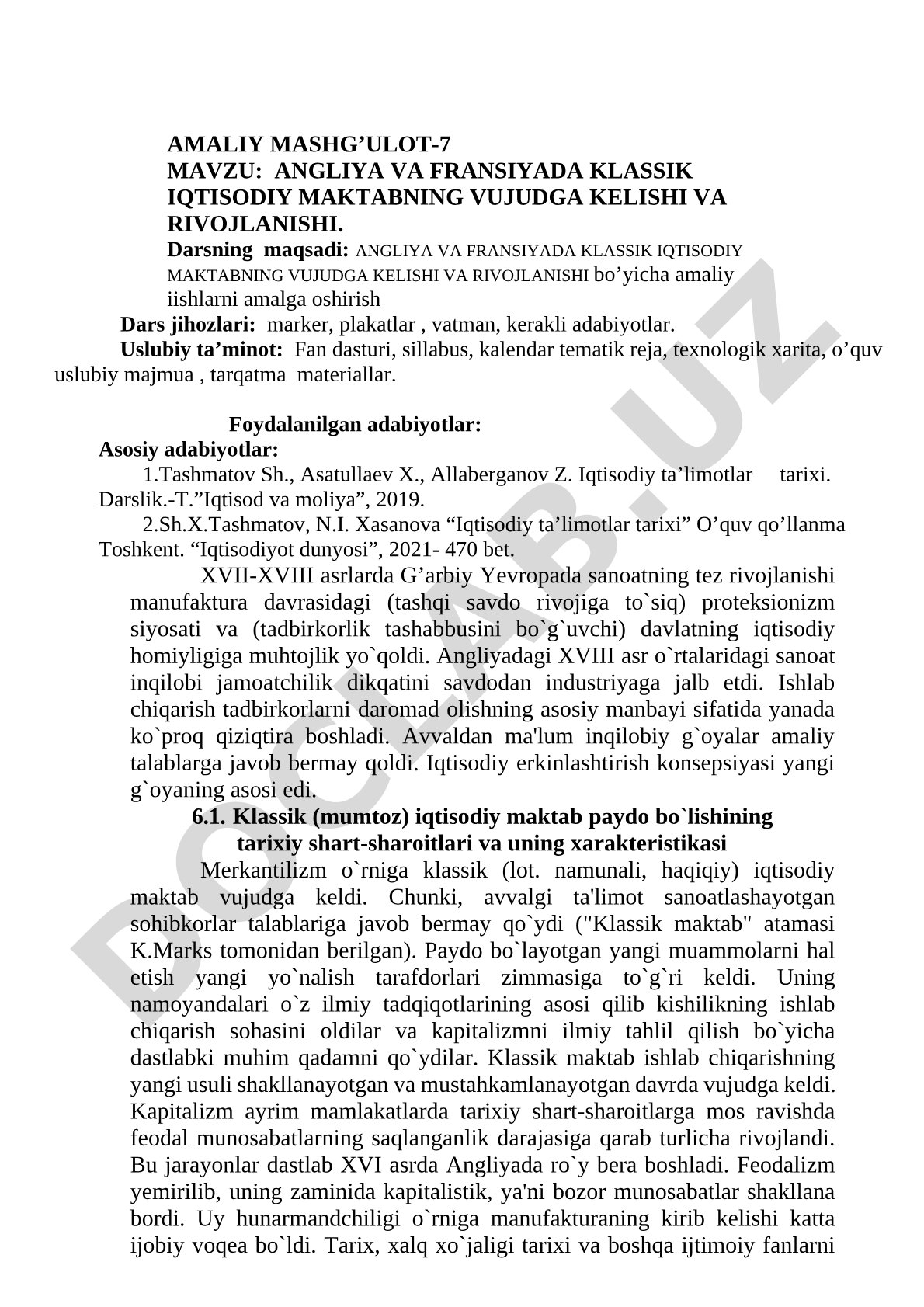 Angliya va Fransiyada klassik iqtisodiy maktabning vujudga kelishi va rivojlanishi