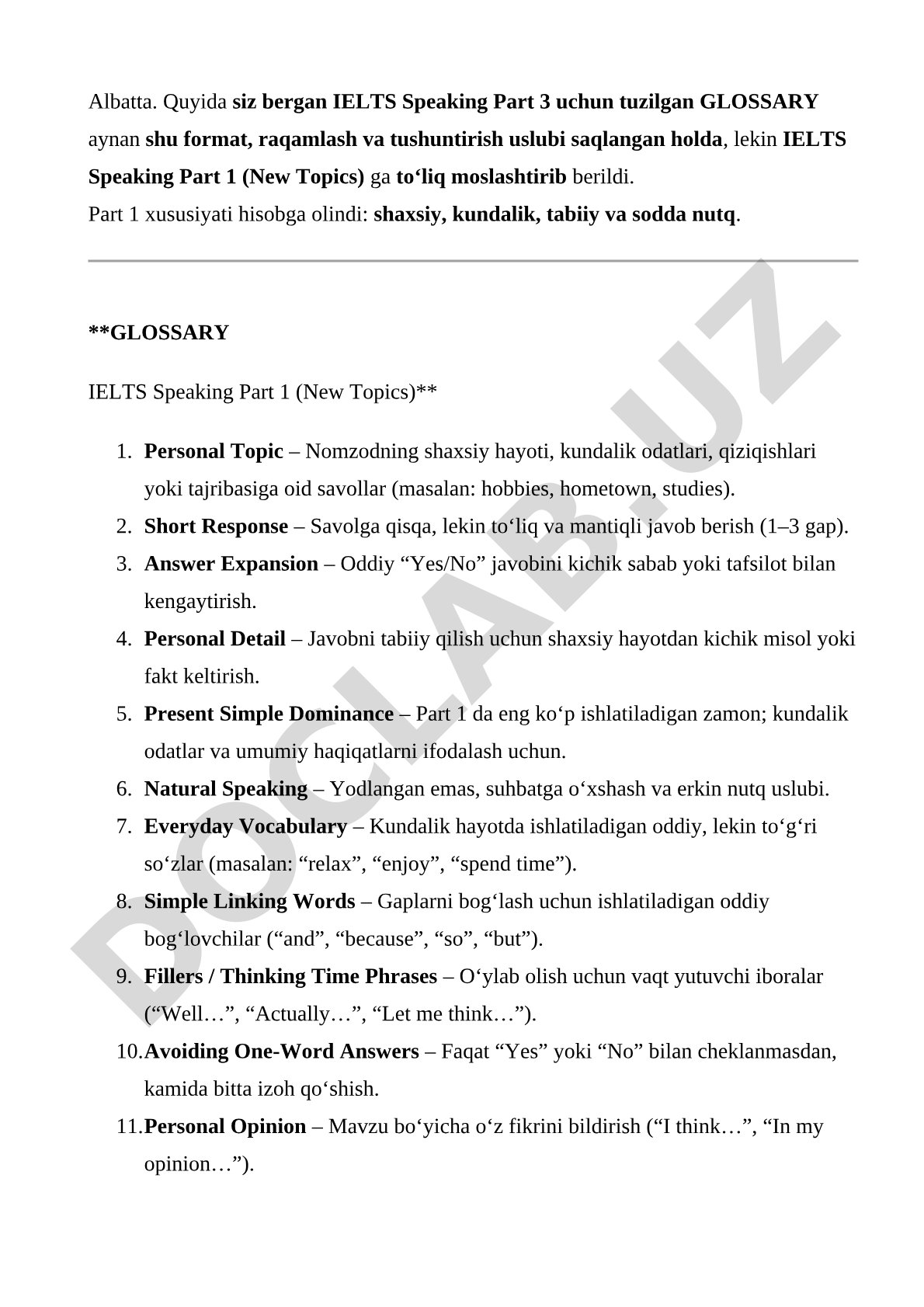 IELTS Speaking Part 1 Glossary
