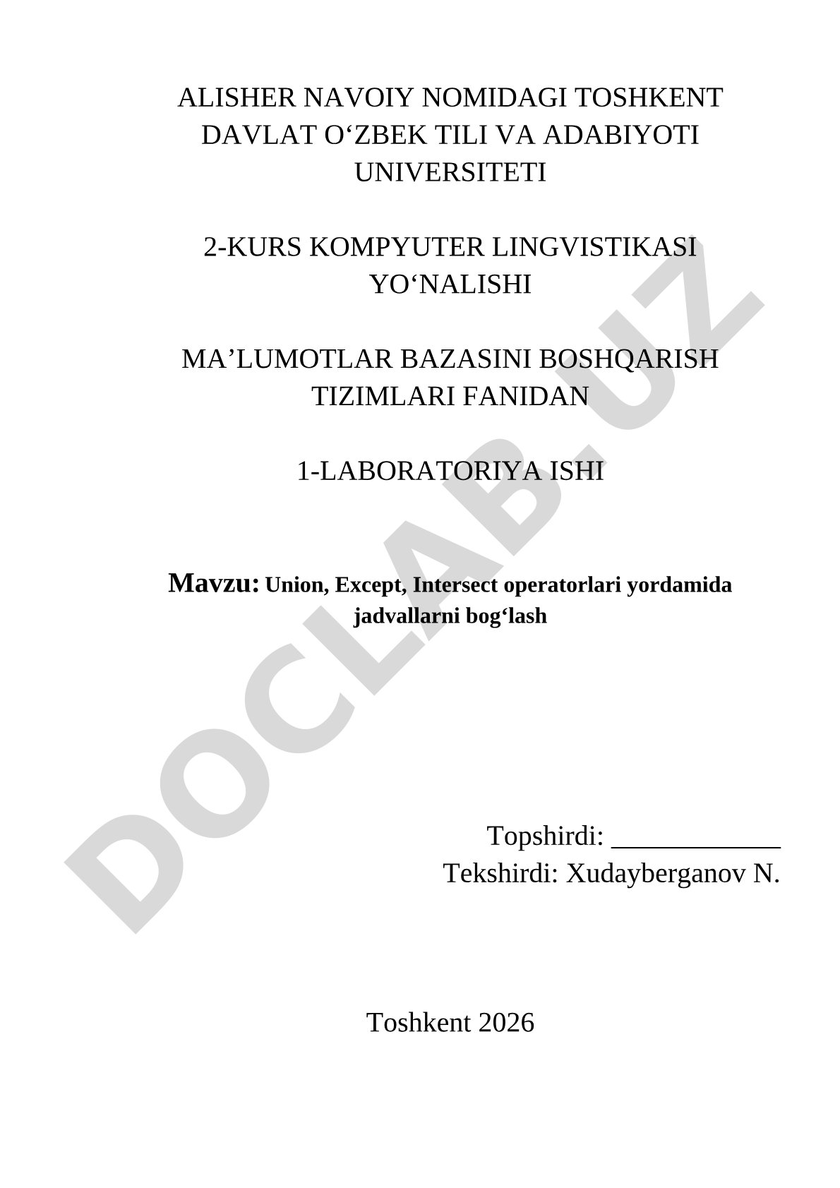 Union, Except, Intersect operatorlari yordamida jadvallarni bogʻlash