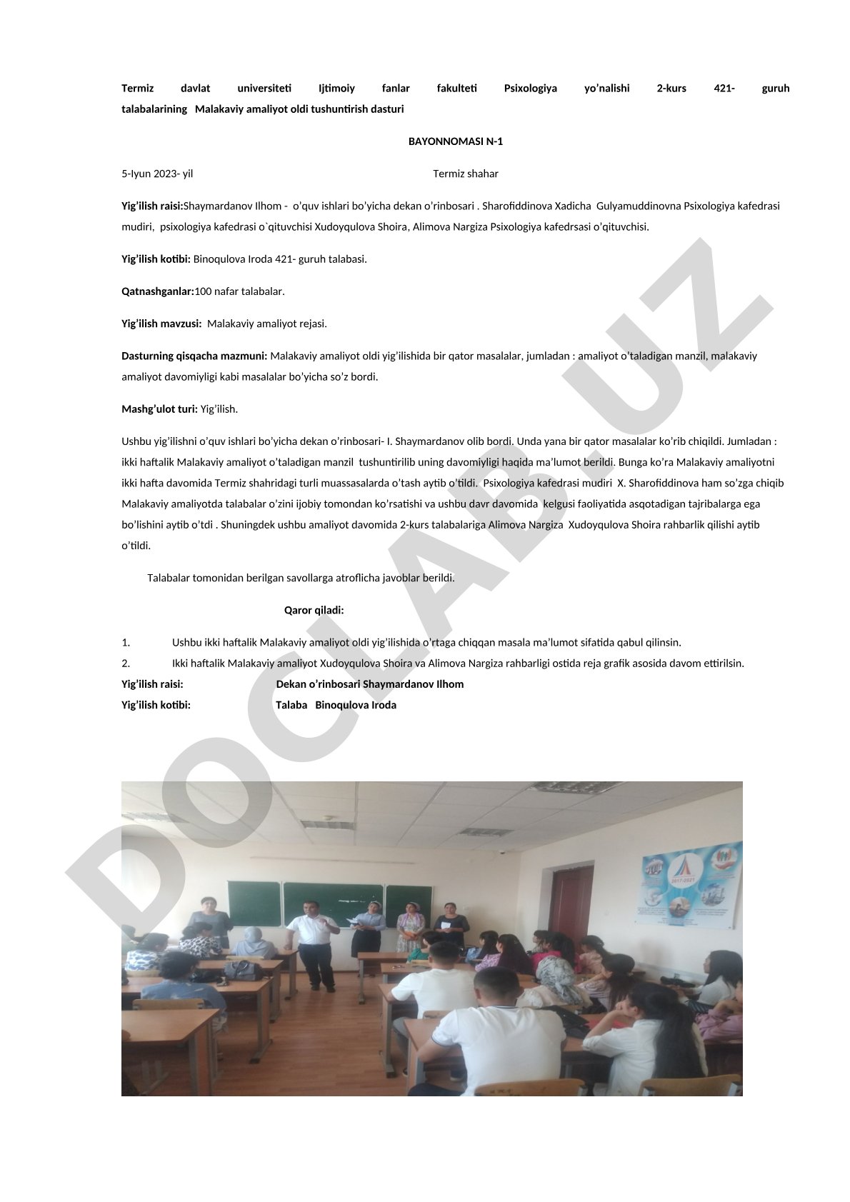 Malakaviy amaliyot oldi tushuntirish dasturi bayonnomasi