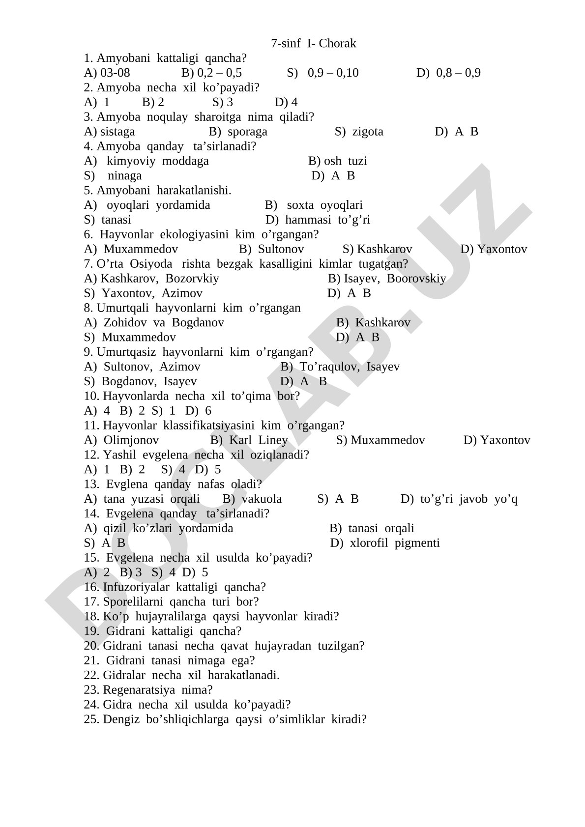 7-sinf I-Chorak biologiya test savollari