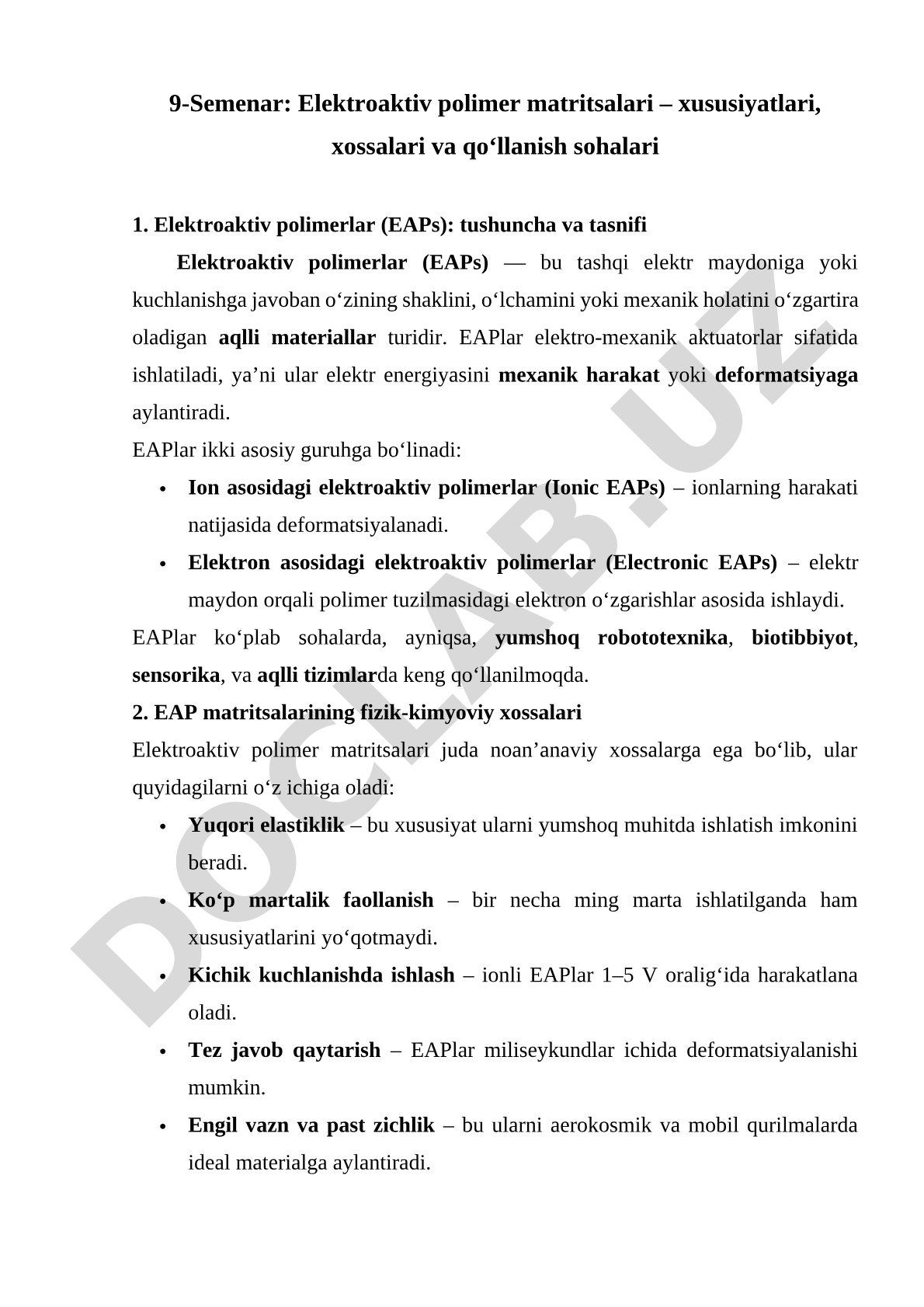Elektroaktiv polimer matritsalari – xususiyatlari, xossalari va qo‘llanish sohalari