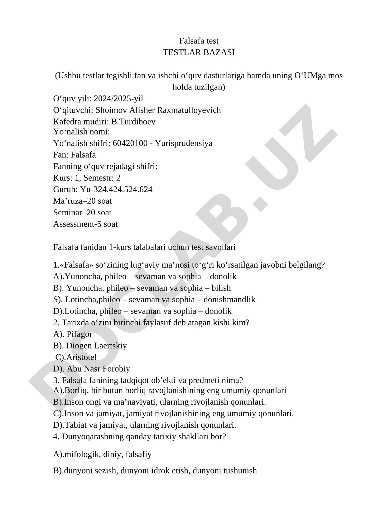 Falsafa fanidan test savollari
