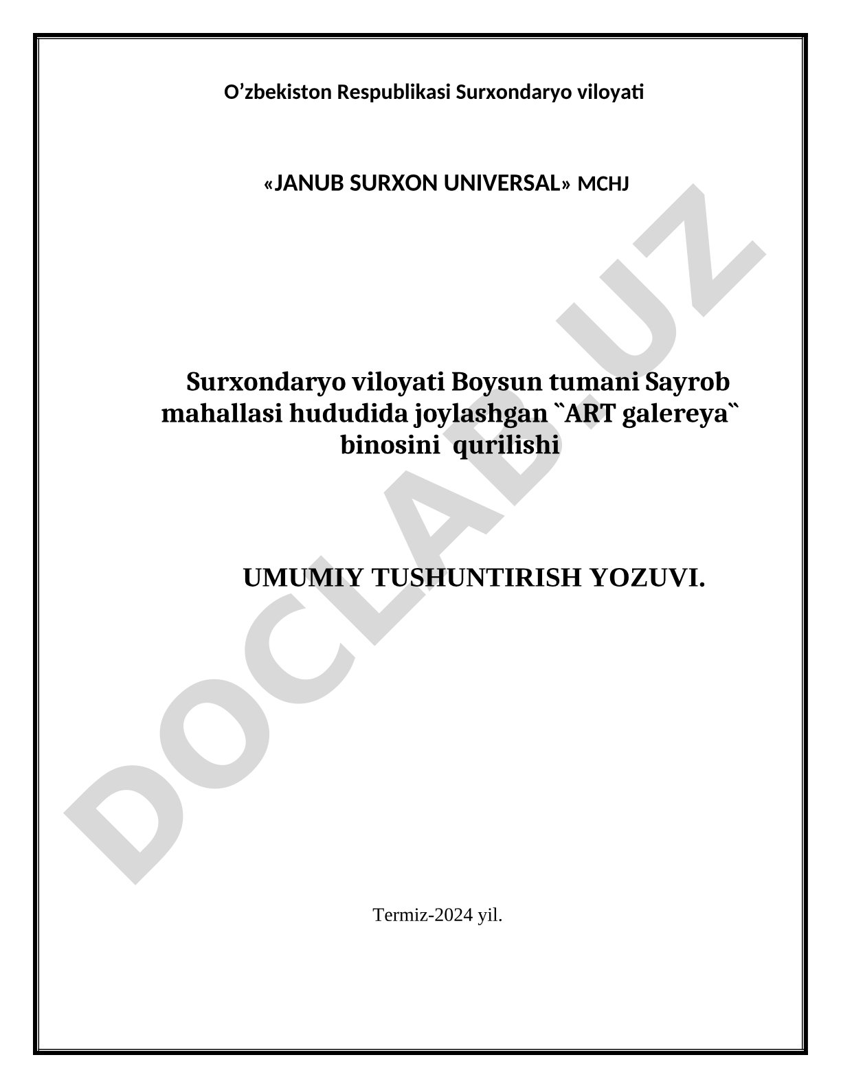 ART galereya binosini qurilishi umumiy tushuntirish yozuvi