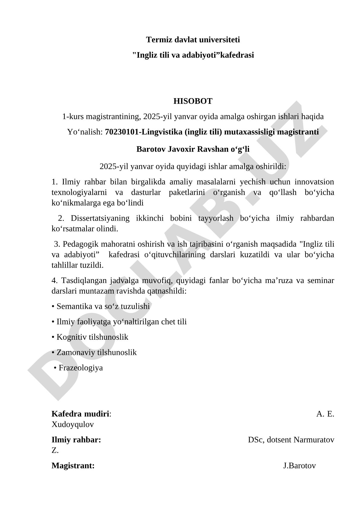 1-kurs magistrantining 2025-yil yanvar oyidagi hisoboti