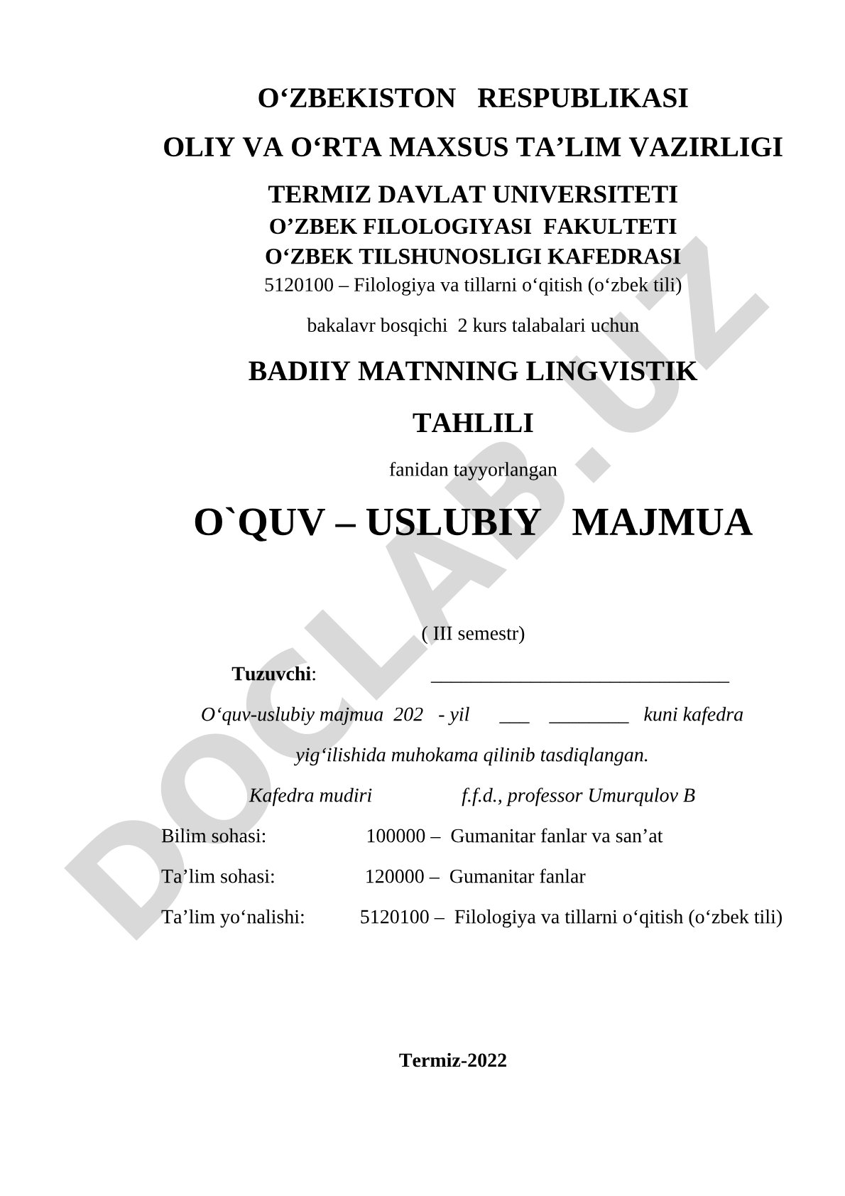 Badiiy matnning lingvistik tahlili fanidan o'quv-uslubiy majmua