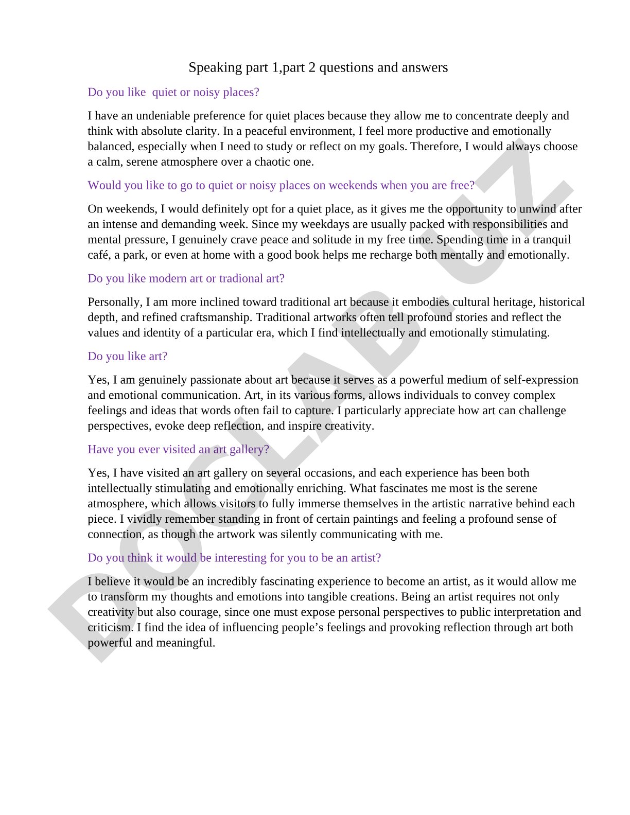Speaking Part 1 and Part 2 Questions and Answers