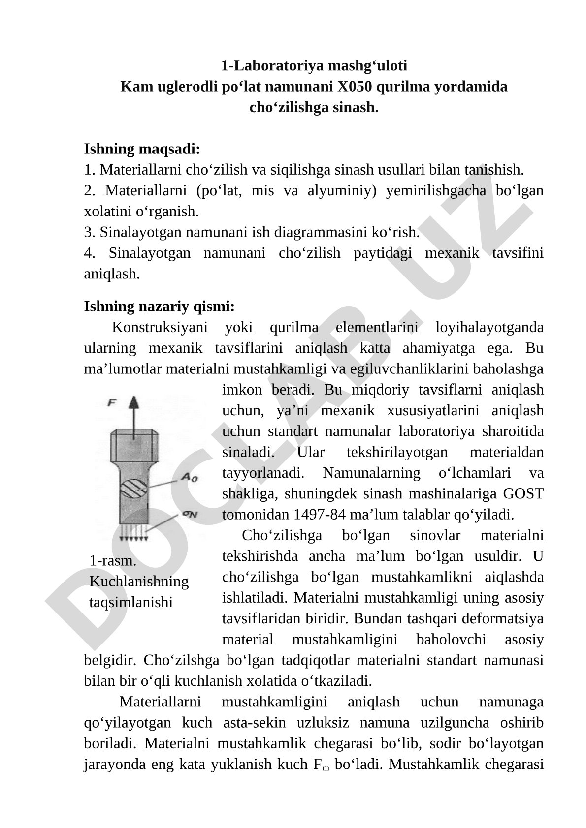 Kam uglerodli po'lat namunani X050 qurilma yordamida cho'zilishga sinash