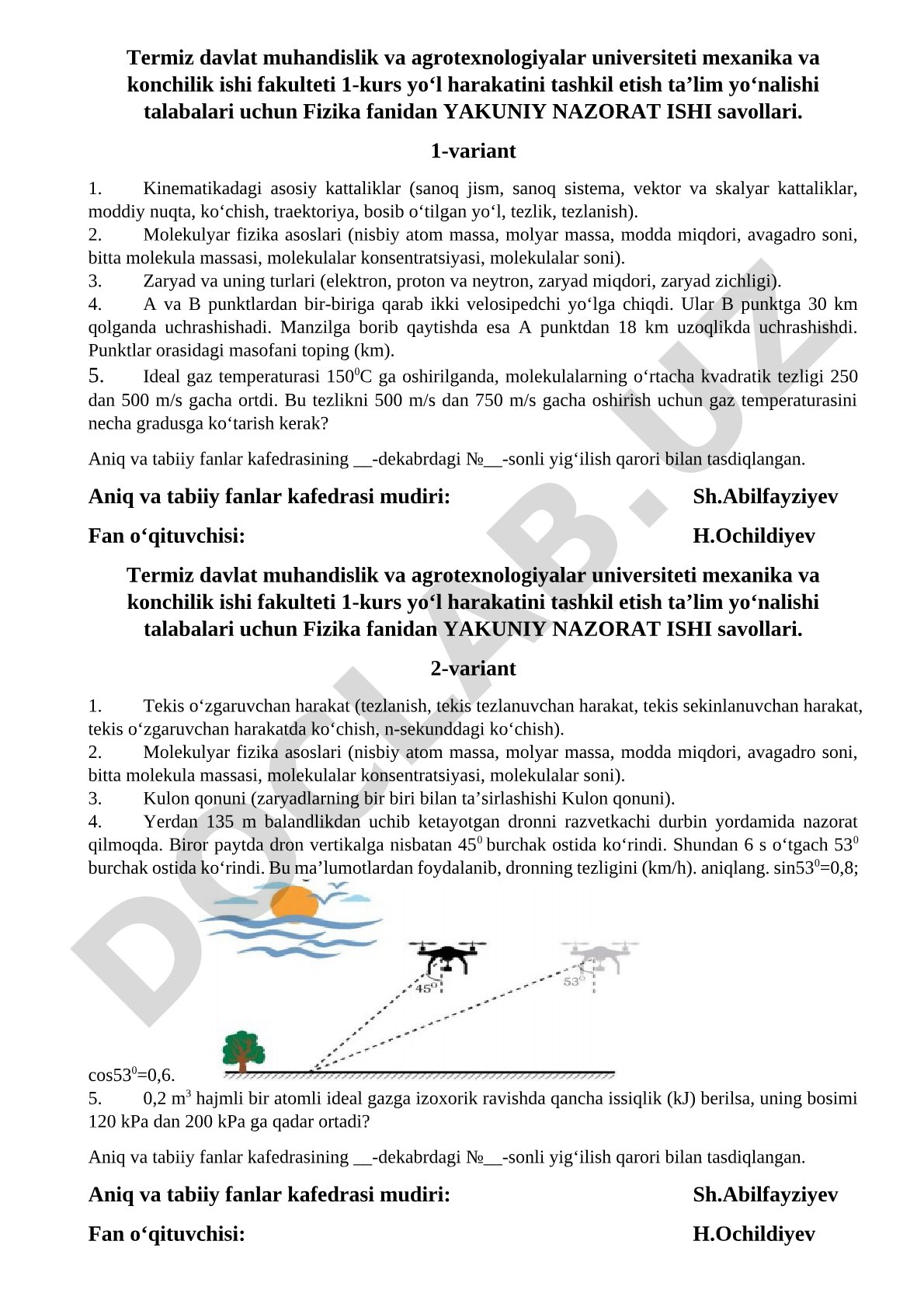 Fizika fanidan yakuniy nazorat ishi savollari