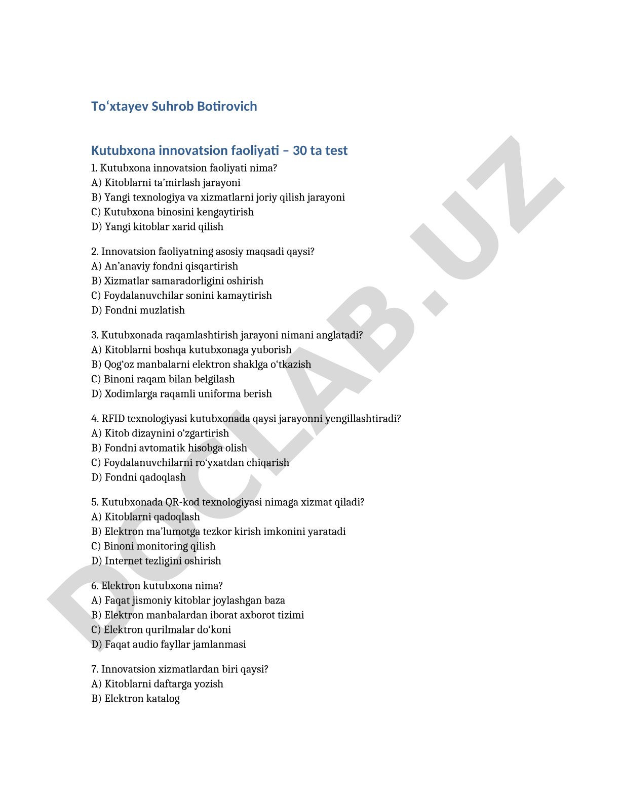 Kutubxona innovatsion faoliyati – 30 ta test