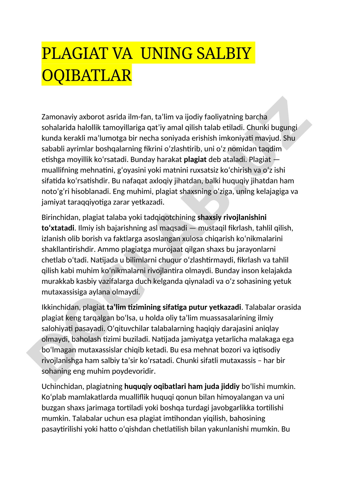 Plagiat va uning salbiy oqibatlari