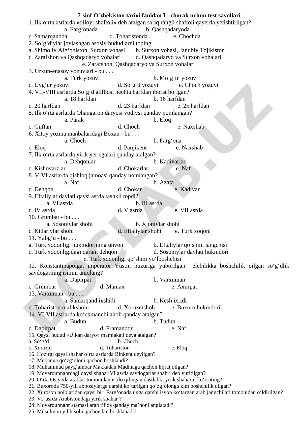 7-sinf O'zbekiston tarixi fanidan I chorak test savollari