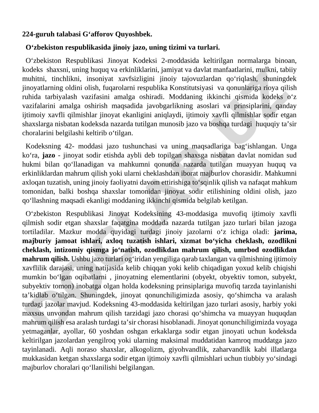 O'zbekiston respublikasida jinoiy jazo, uning tizimi va turlari