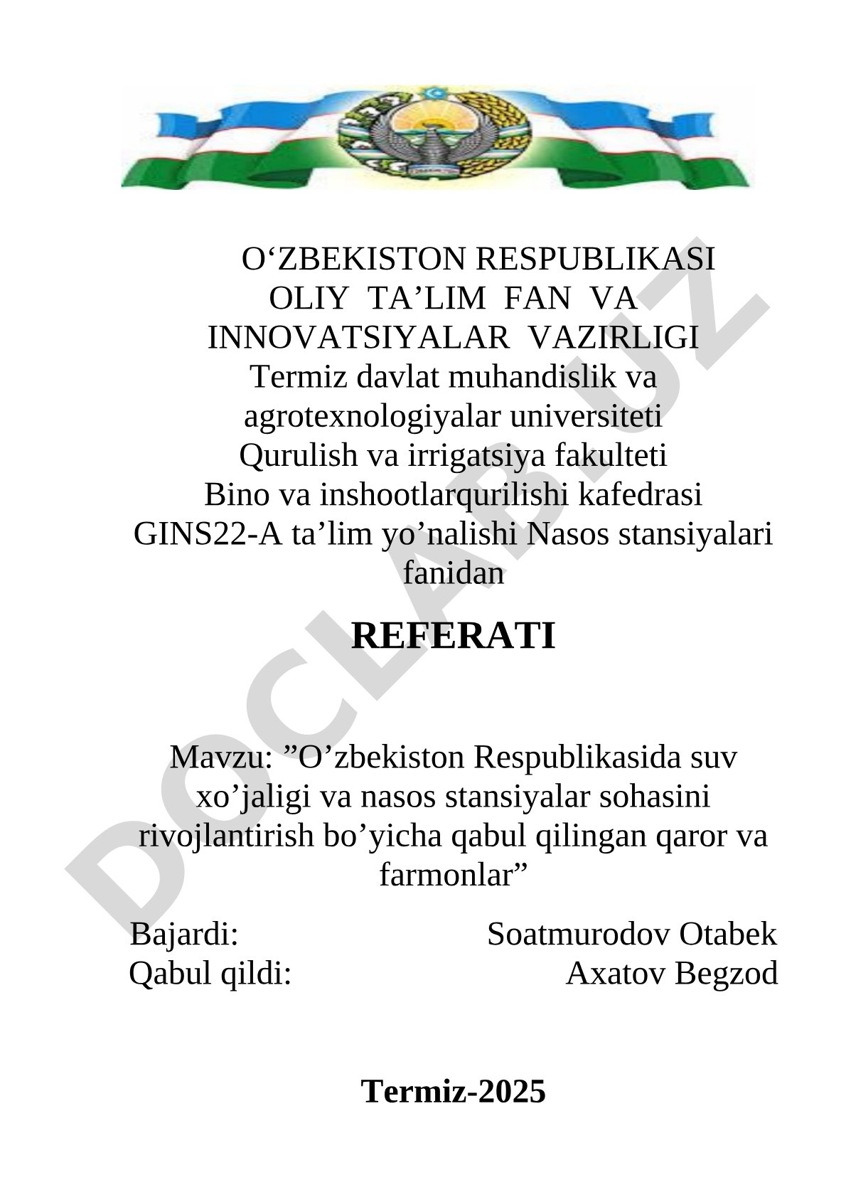 O‘zbekiston Respublikasida suv xo‘jaligi va nasos stansiyalar sohasini rivojlantirish bo‘yicha qabul qilingan qaror va farmonlar