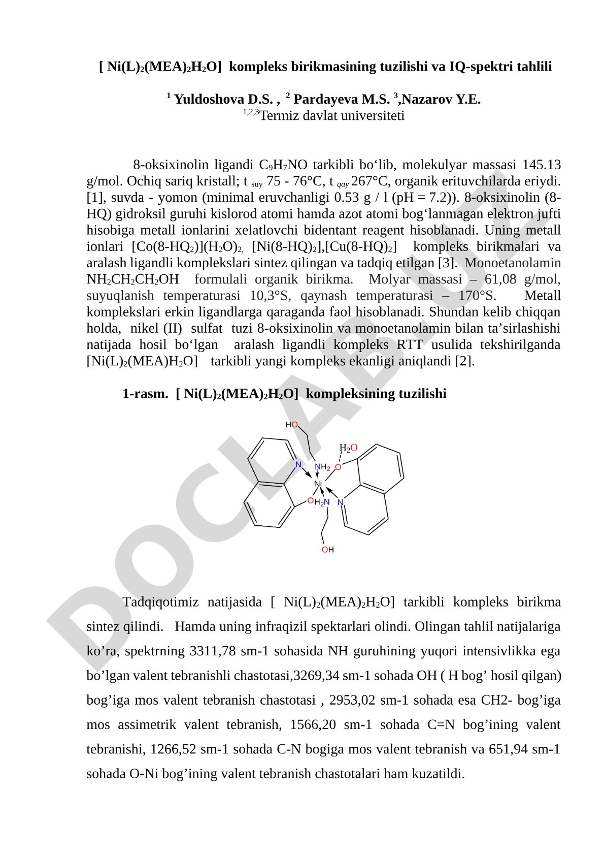 [Ni(L)2(MEA)2H2O] kompleks birikmasining tuzilishi va IQ-spektri tahlili