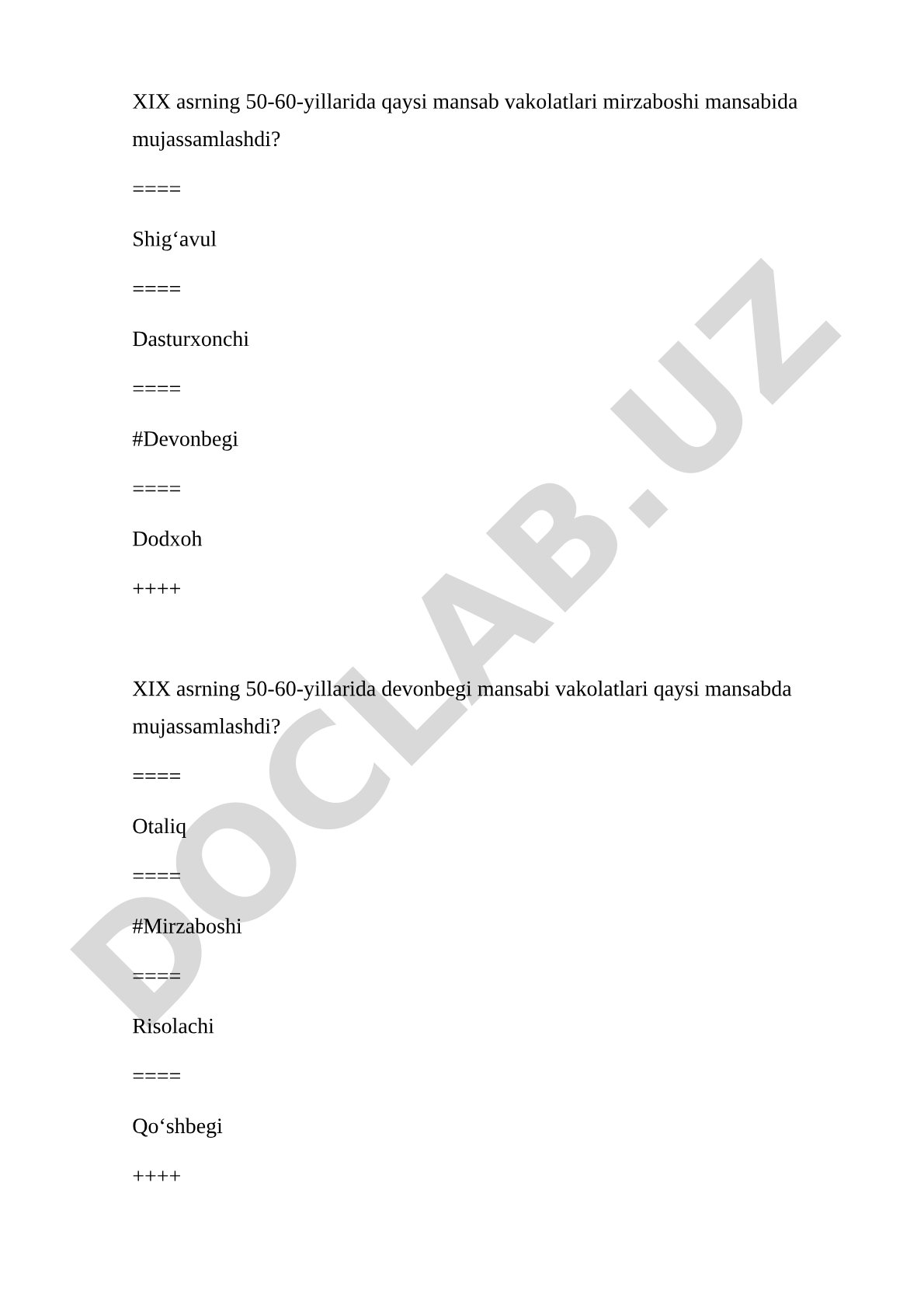 XIX asr 50-60-yillarida Buxoro amirligidagi mansablar