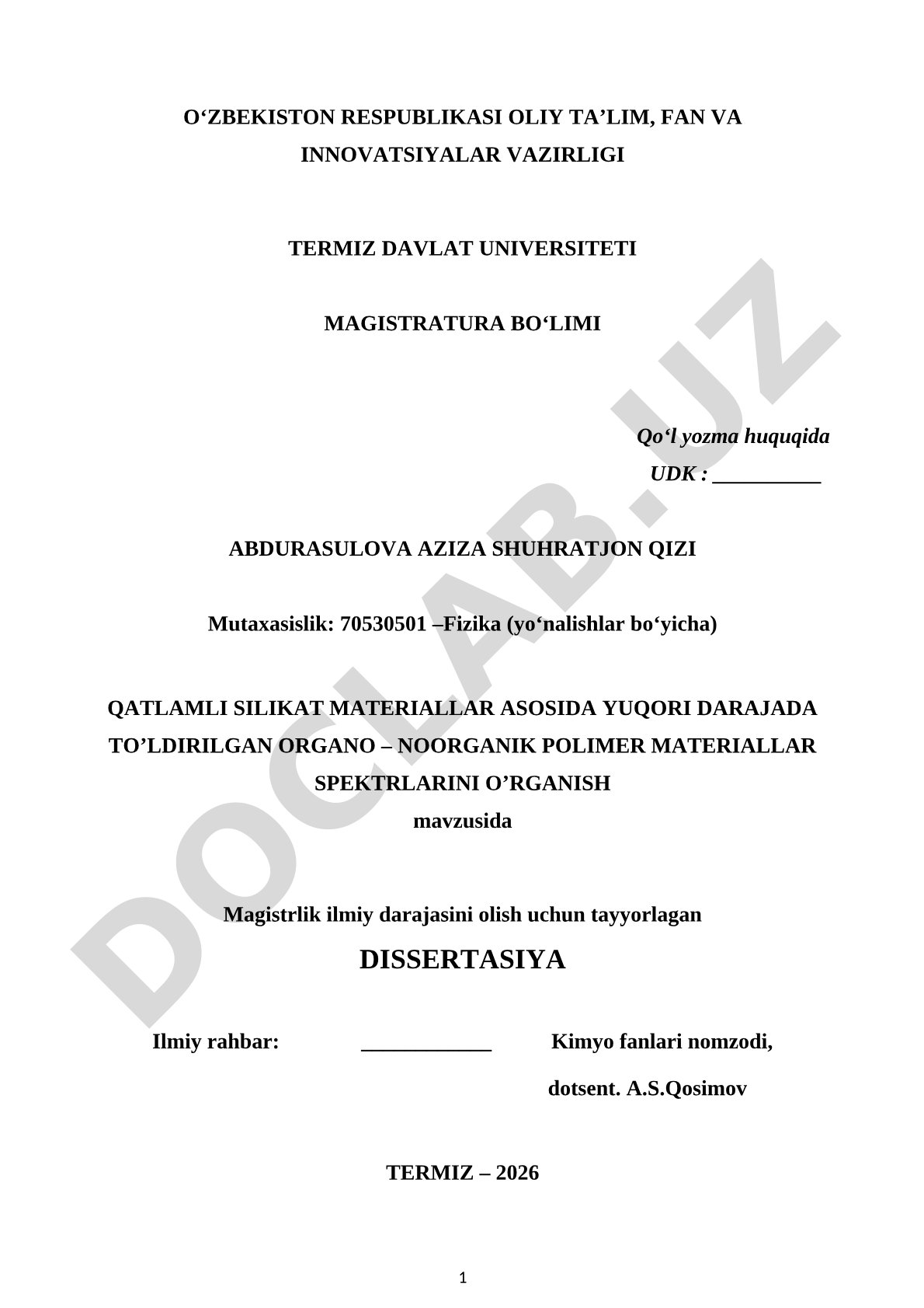 Qatlamli silikat materiallar asosida yuqori darajada to'ldirilgan organo-noorganik polimer materiallar spektrlarini o'rganish