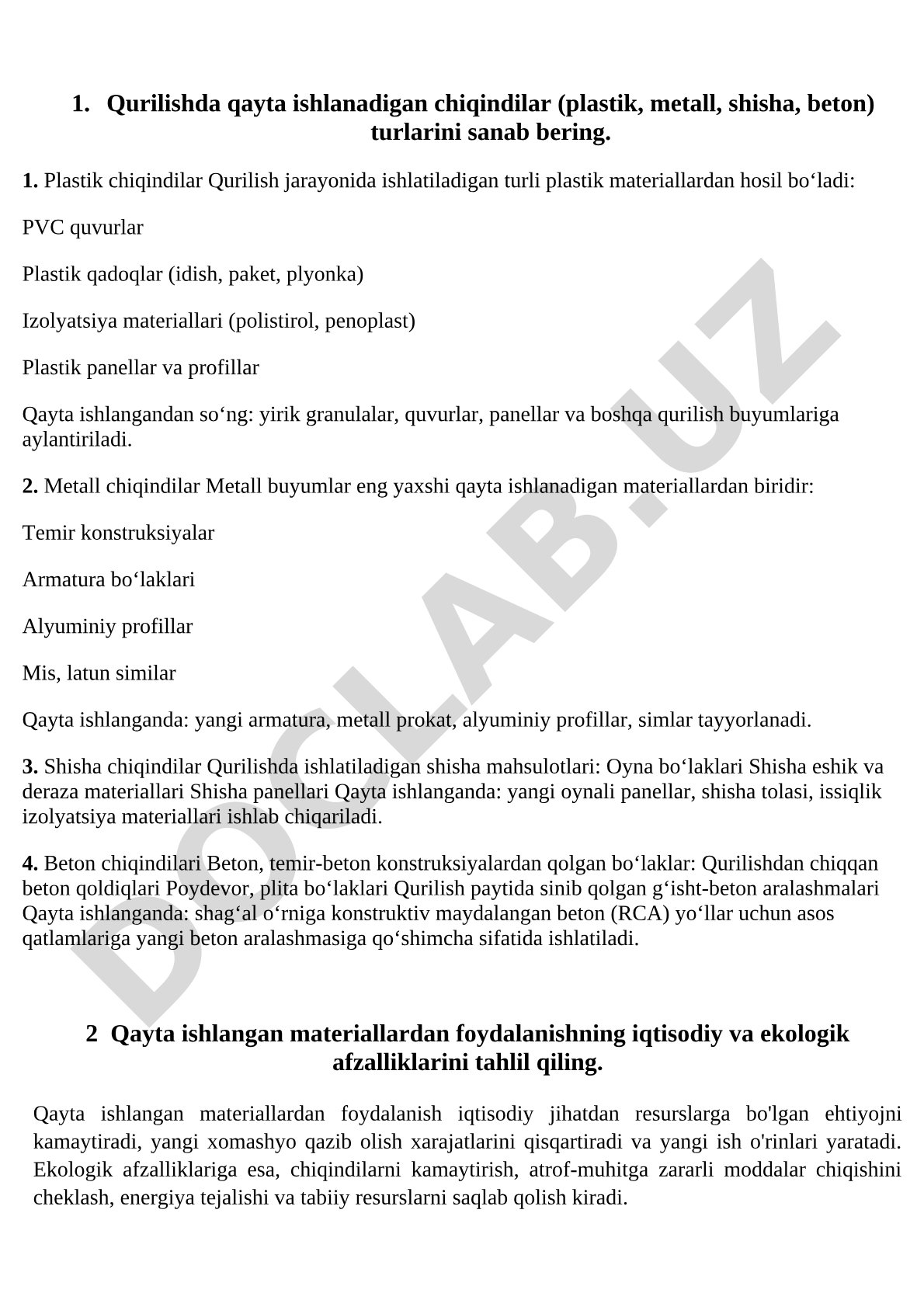 Qurilishda qayta ishlanadigan chiqindilar turlari