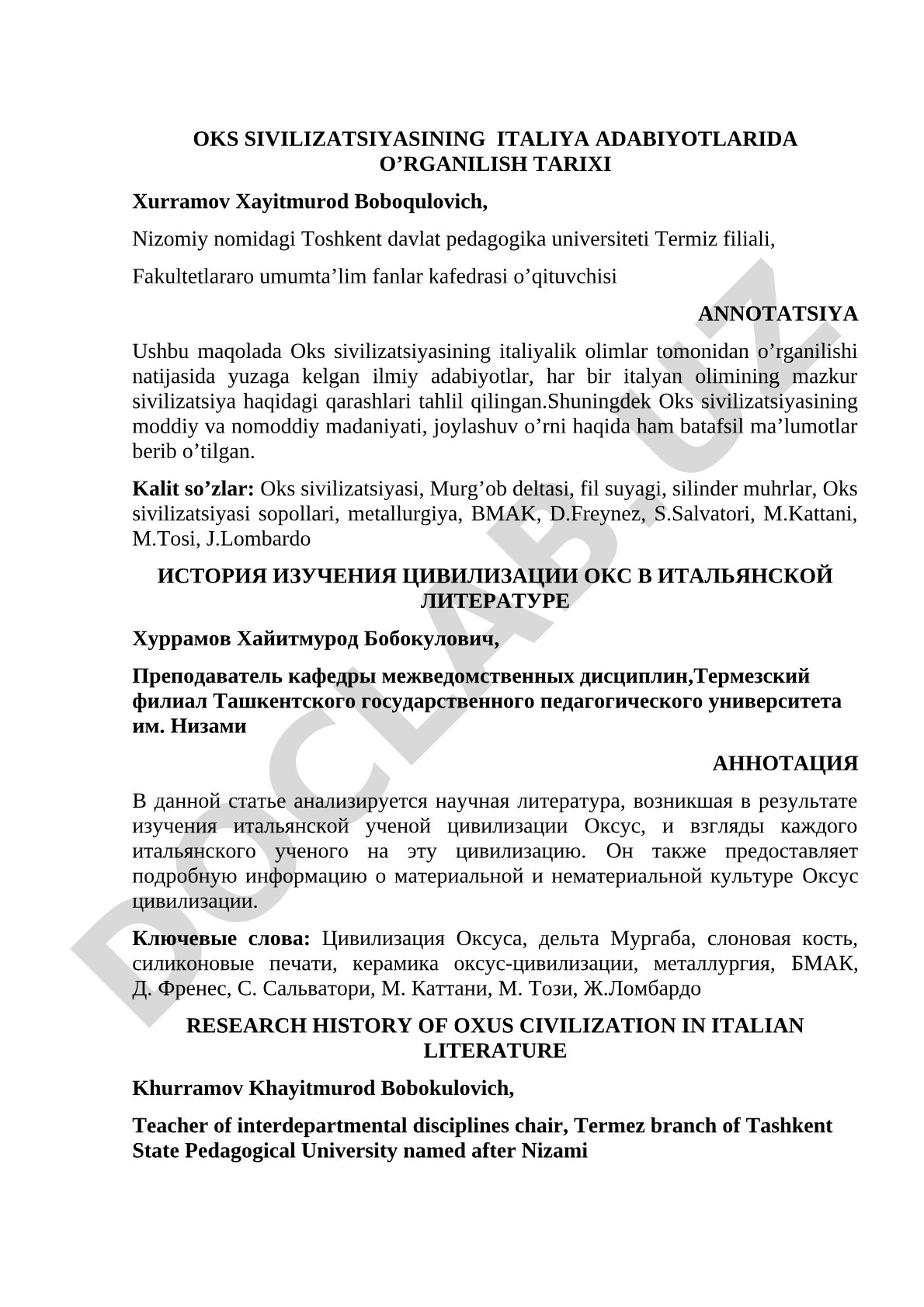 Oks sivilizatsiyasining Italiya adabiyotlarida o'rganilish tarixi