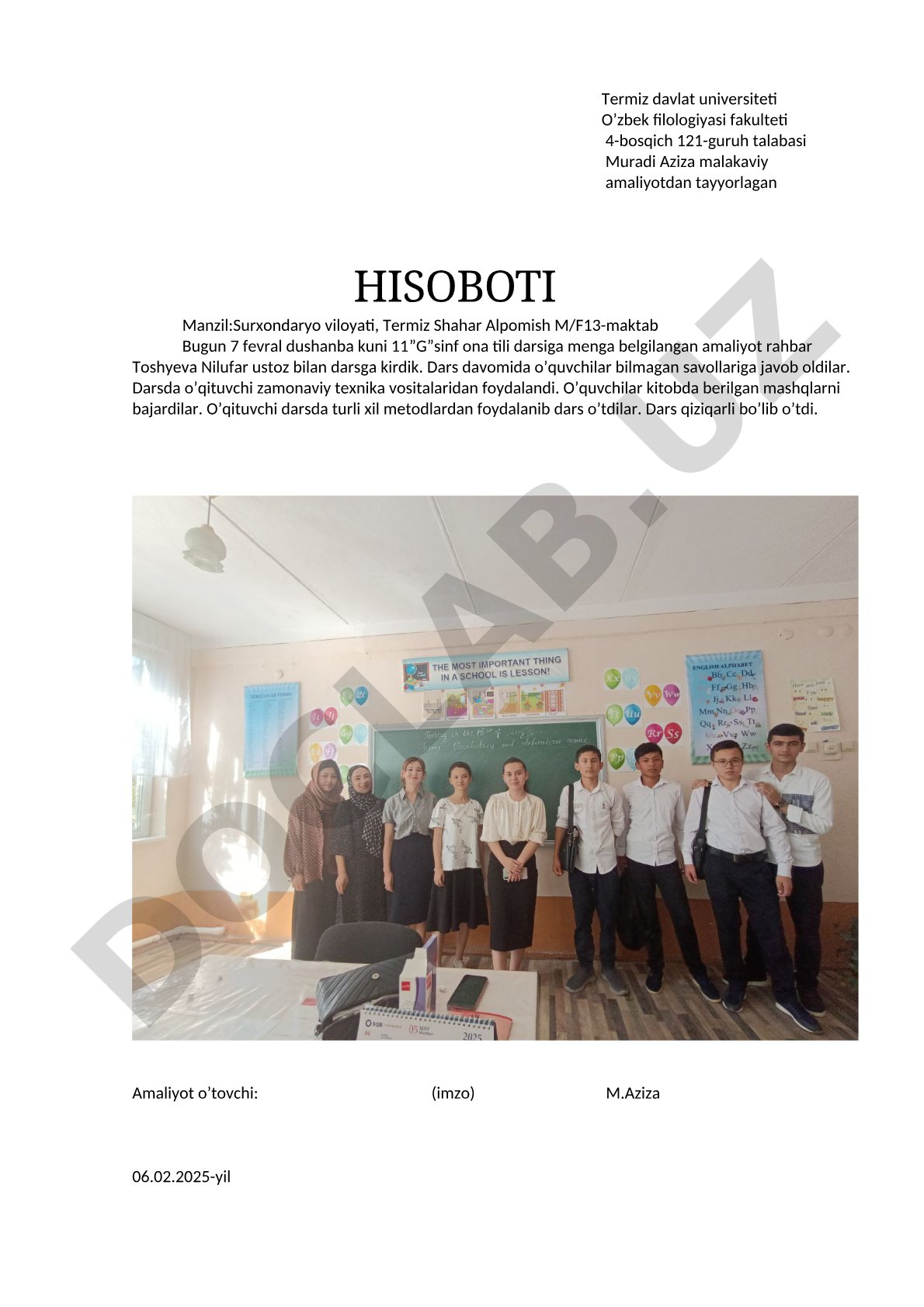 Malakaviy amaliyot hisoboti