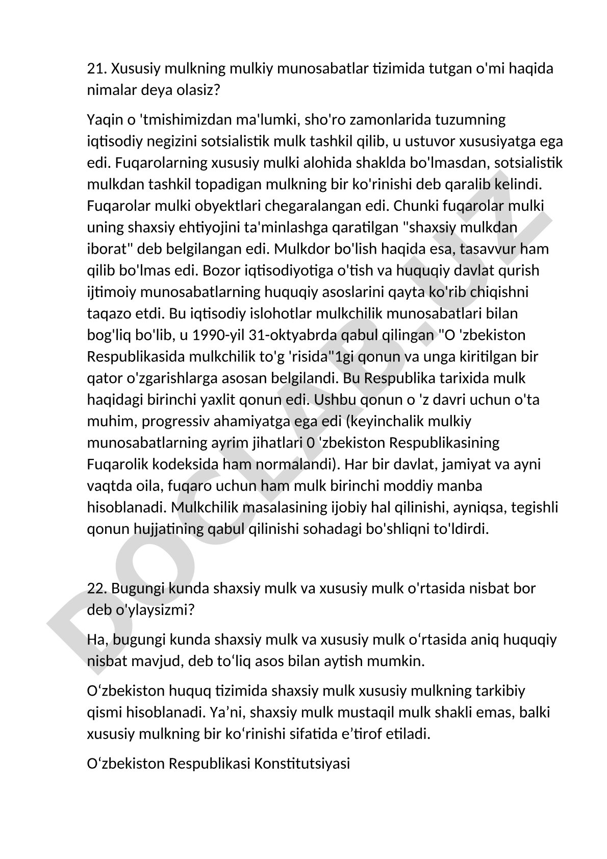 Xususiy mulkning mulkiy munosabatlar tizimida tutgan o'rni