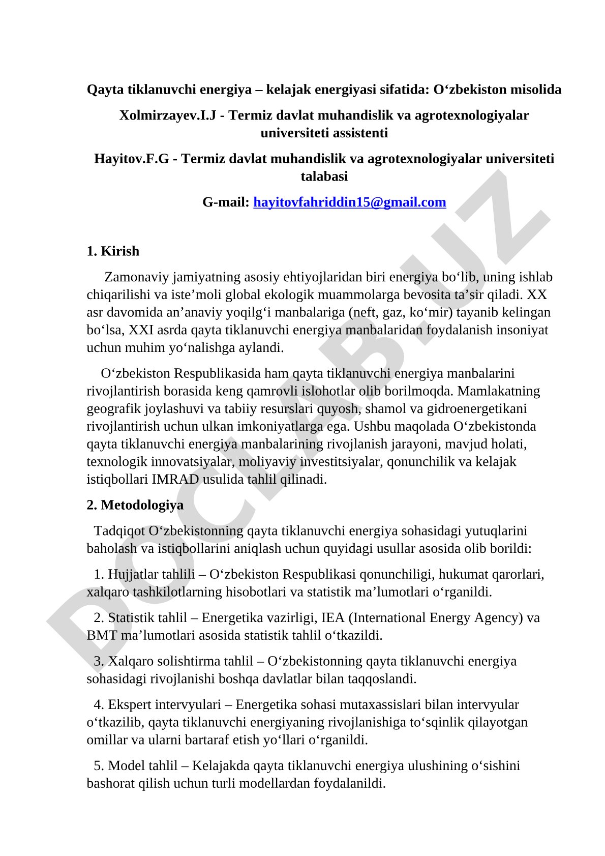 Qayta tiklanuvchi energiya – kelajak energiyasi sifatida: O‘zbekiston misolida