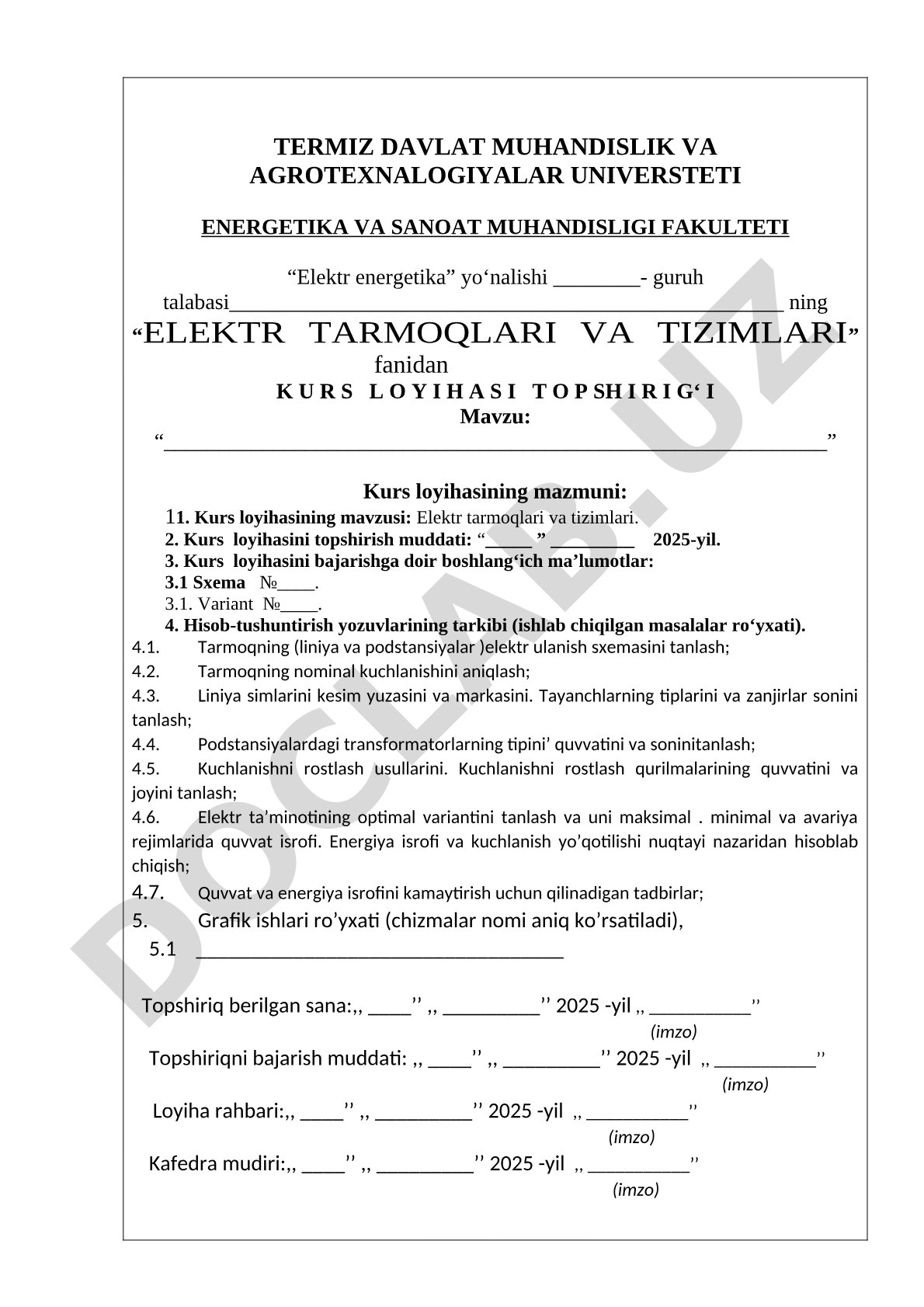 Elektr tarmoqlari va tizimlari fanidan kurs loyihasi topshirig'i