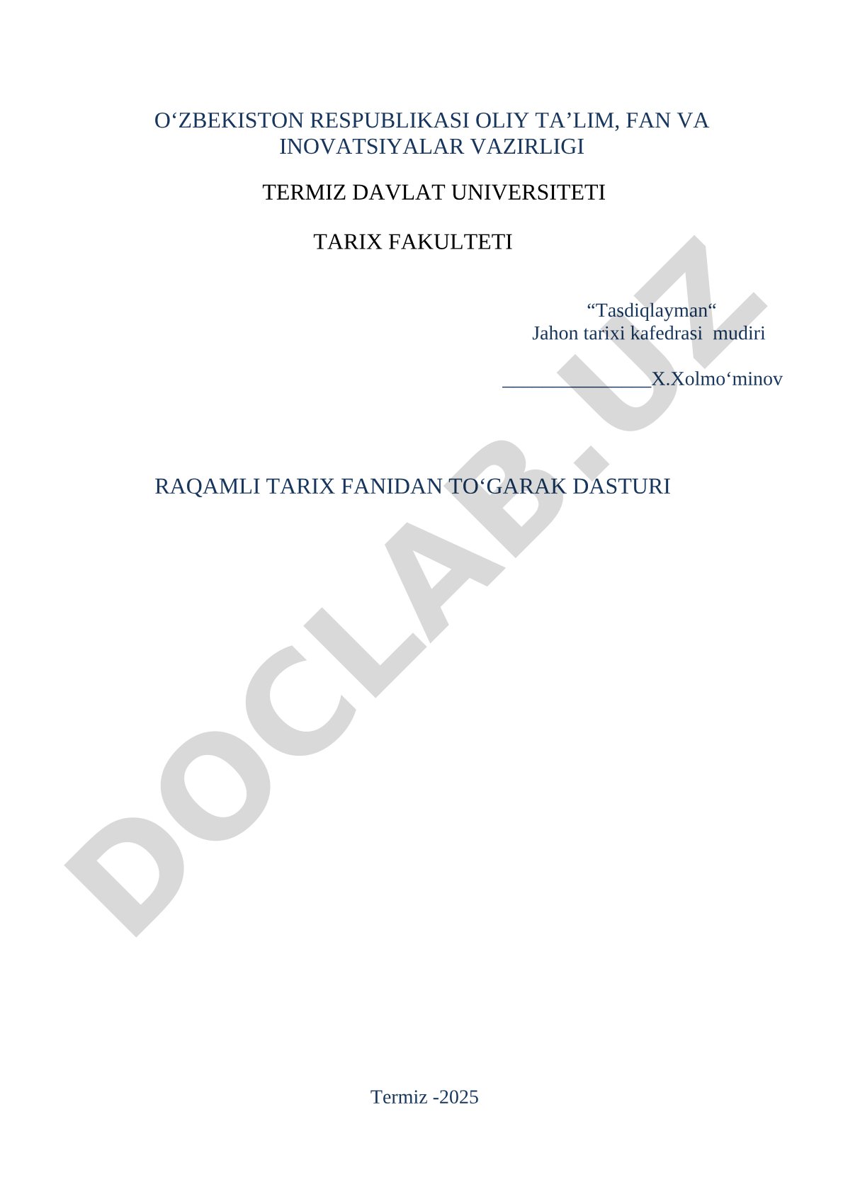 Raqamli tarix fanidan to‘garak dasturi