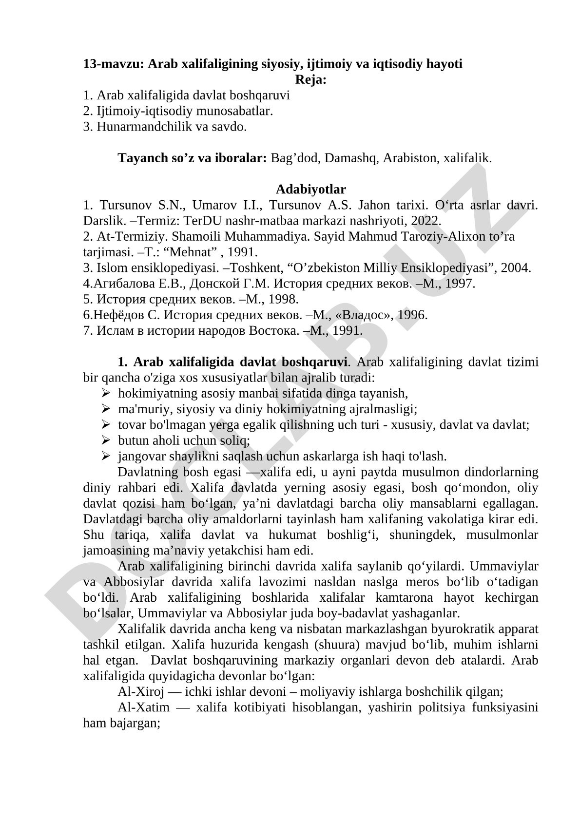 Arab xalifaligining siyosiy, ijtimoiy va iqtisodiy hayoti