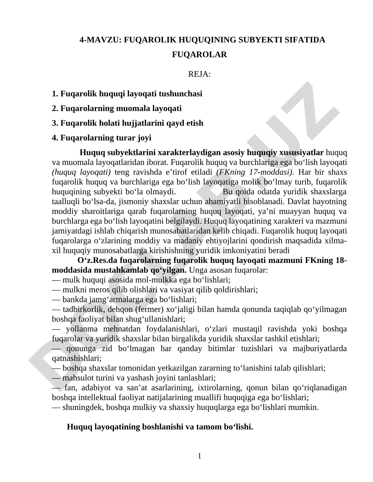 Fuqarolik huquqining subyekti sifatida fuqarolar