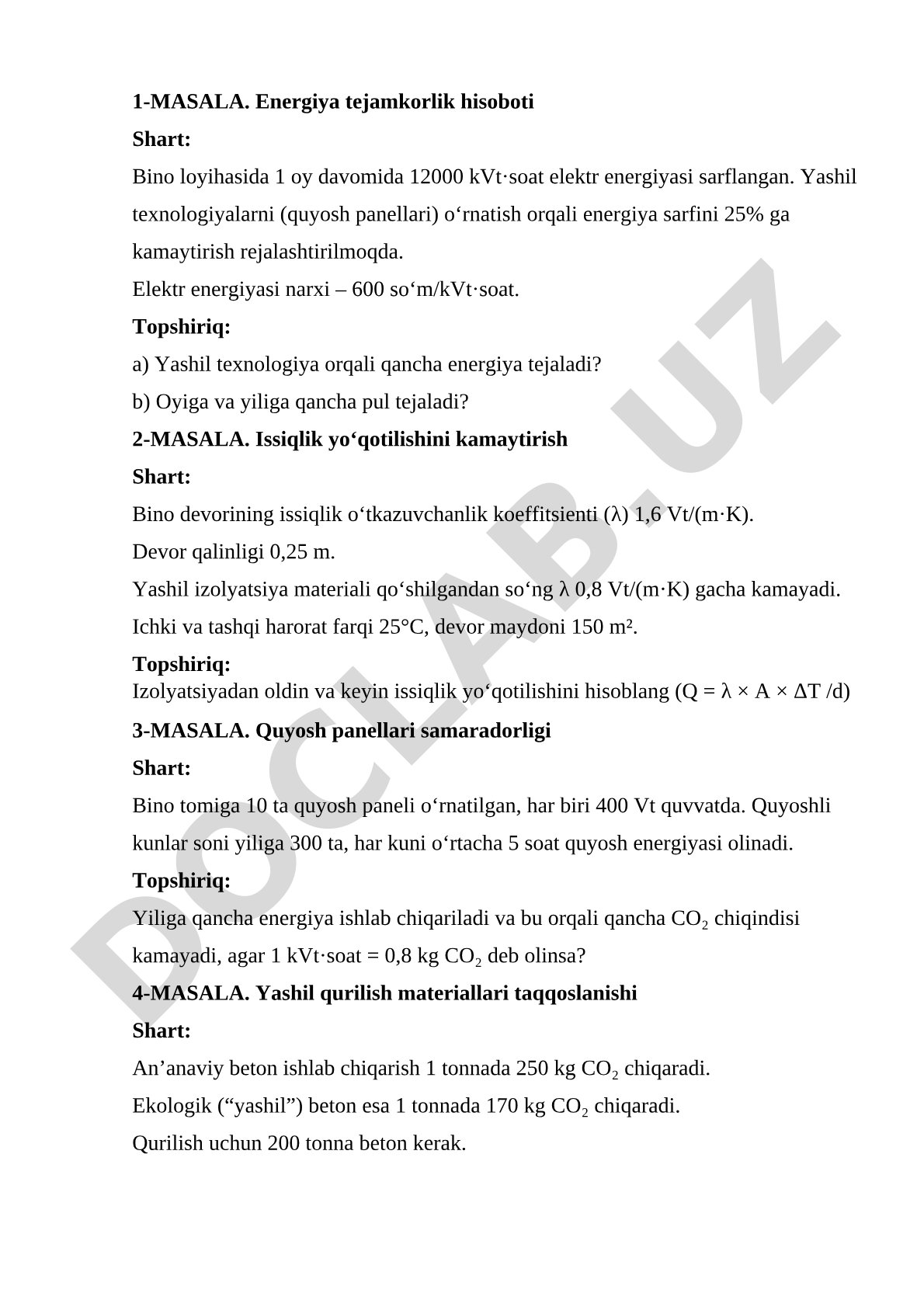 Energiya tejamkorlik va yashil qurilish masalalari