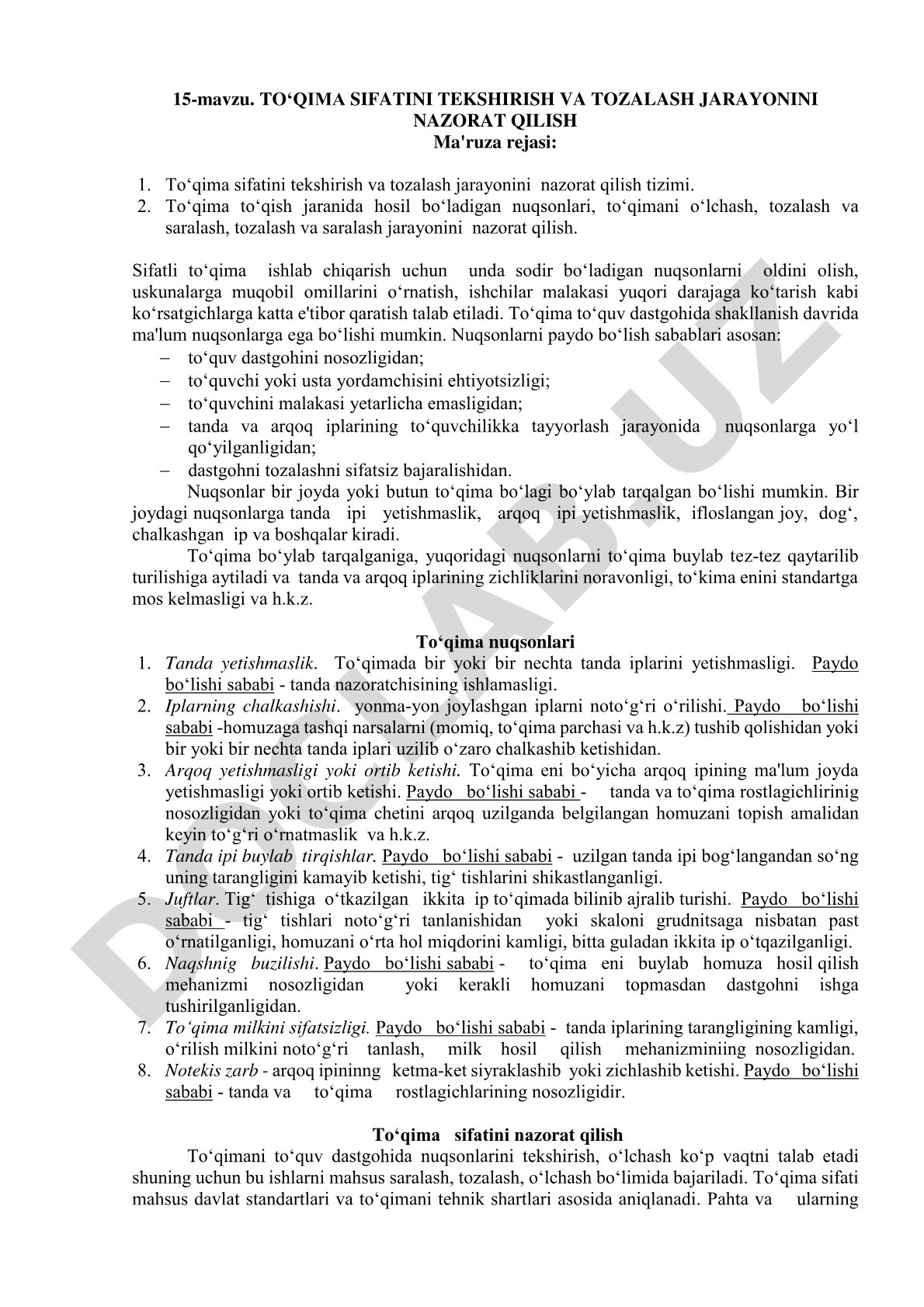 To‘qima sifatini tekshirish va tozalash jarayonini nazorat qilish