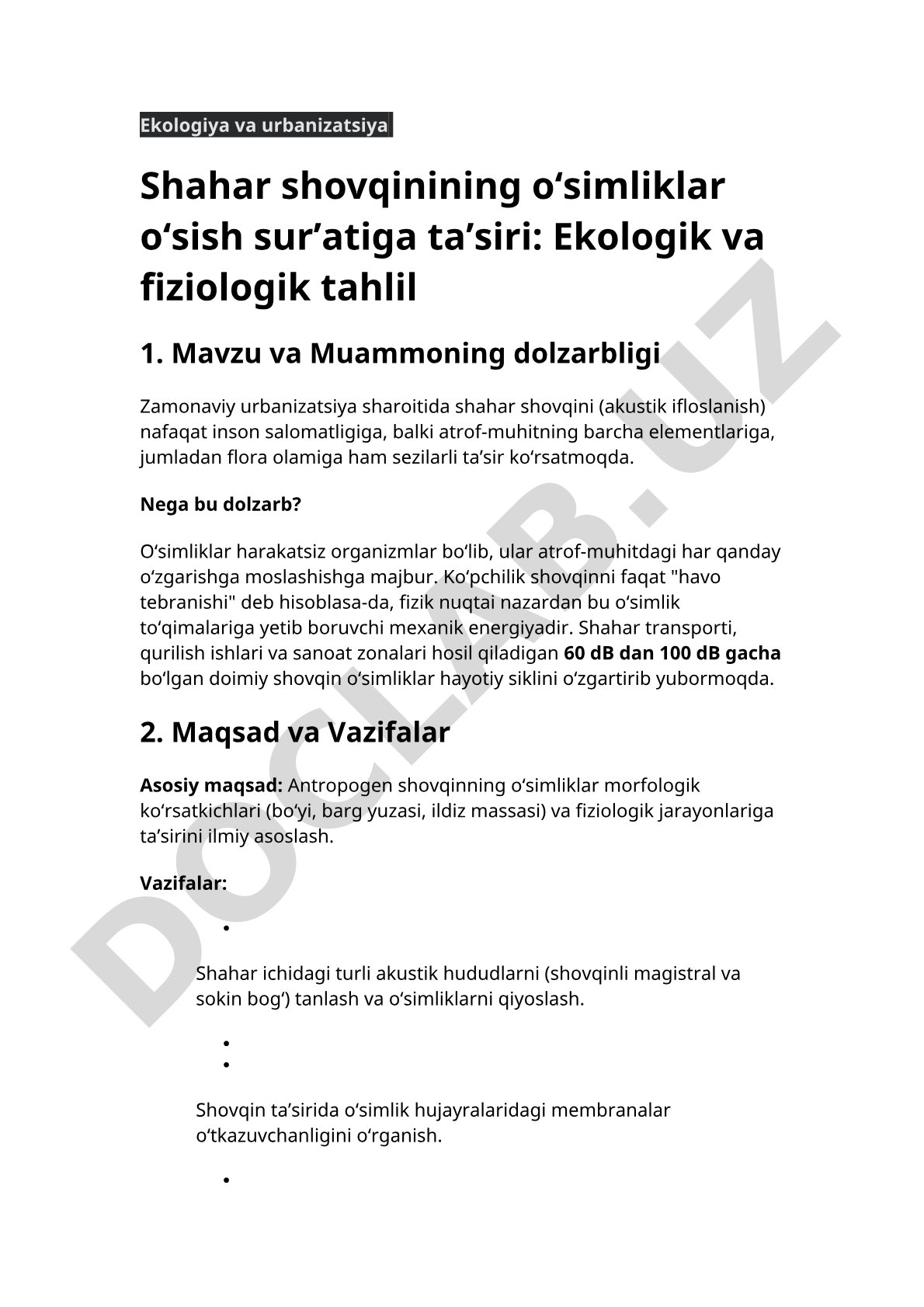 Shahar shovqinining o'simliklar o'sish sur'atiga ta'siri: Ekologik va fiziologik tahlil