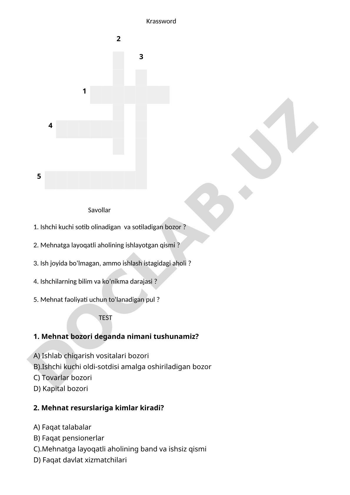 Mehnat bozori va bandlikka oid krossvord va test savollari