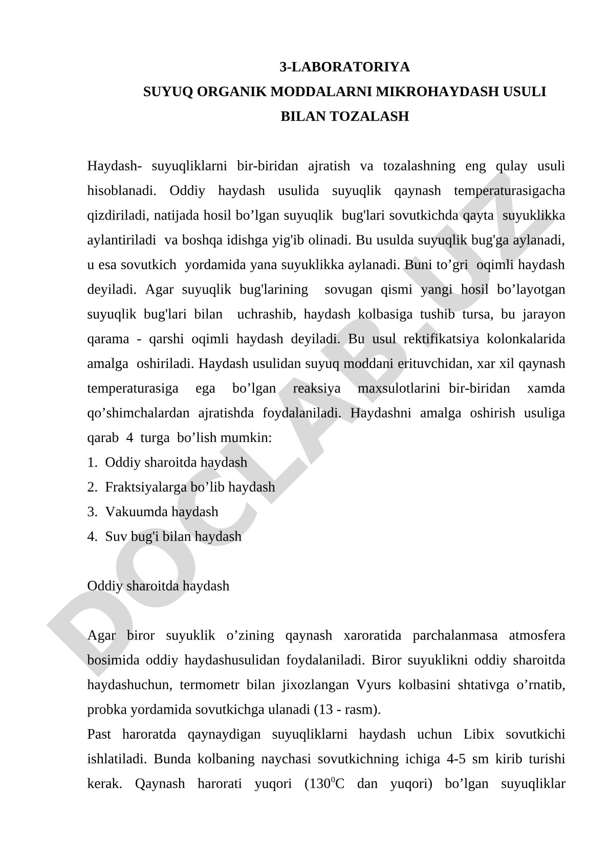 Suyuq organik moddalarni mikrohaydash usuli bilan tozalash