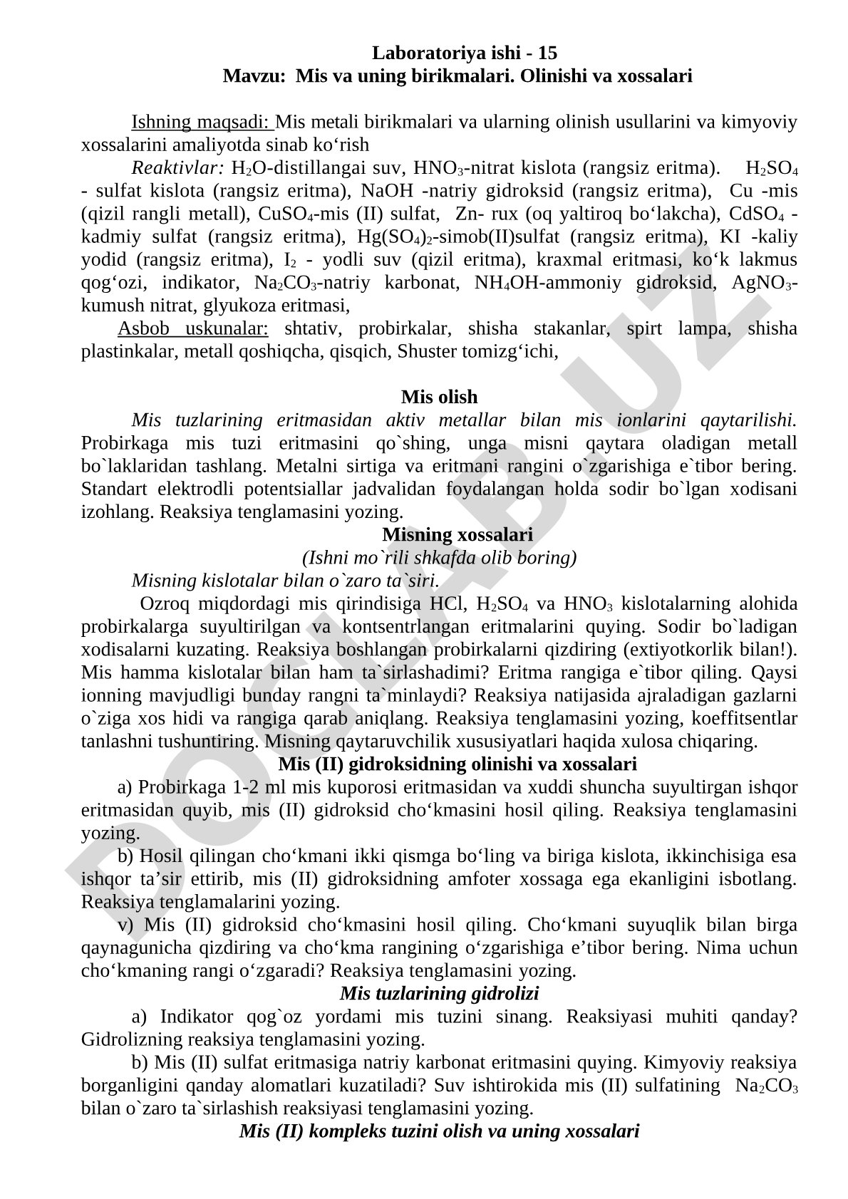 Mis va uning birikmalari. Olinishi va xossalari