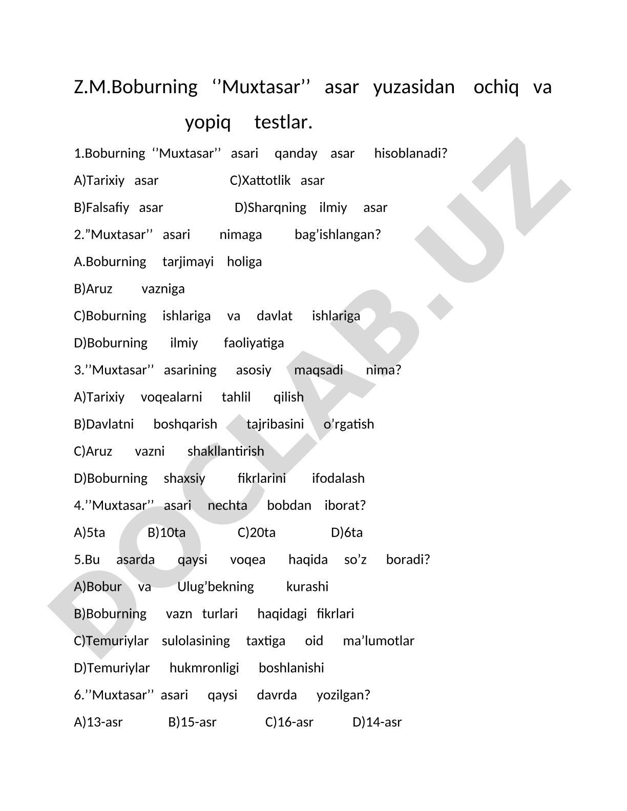 Z.M.Boburning 'Muxtasar' asari yuzasidan ochiq va yopiq testlar