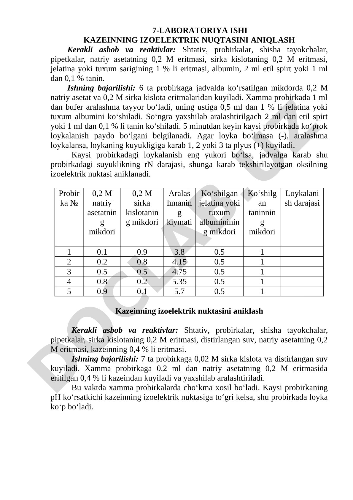 Kazeinning izoelektrik nuqtasini aniqlash