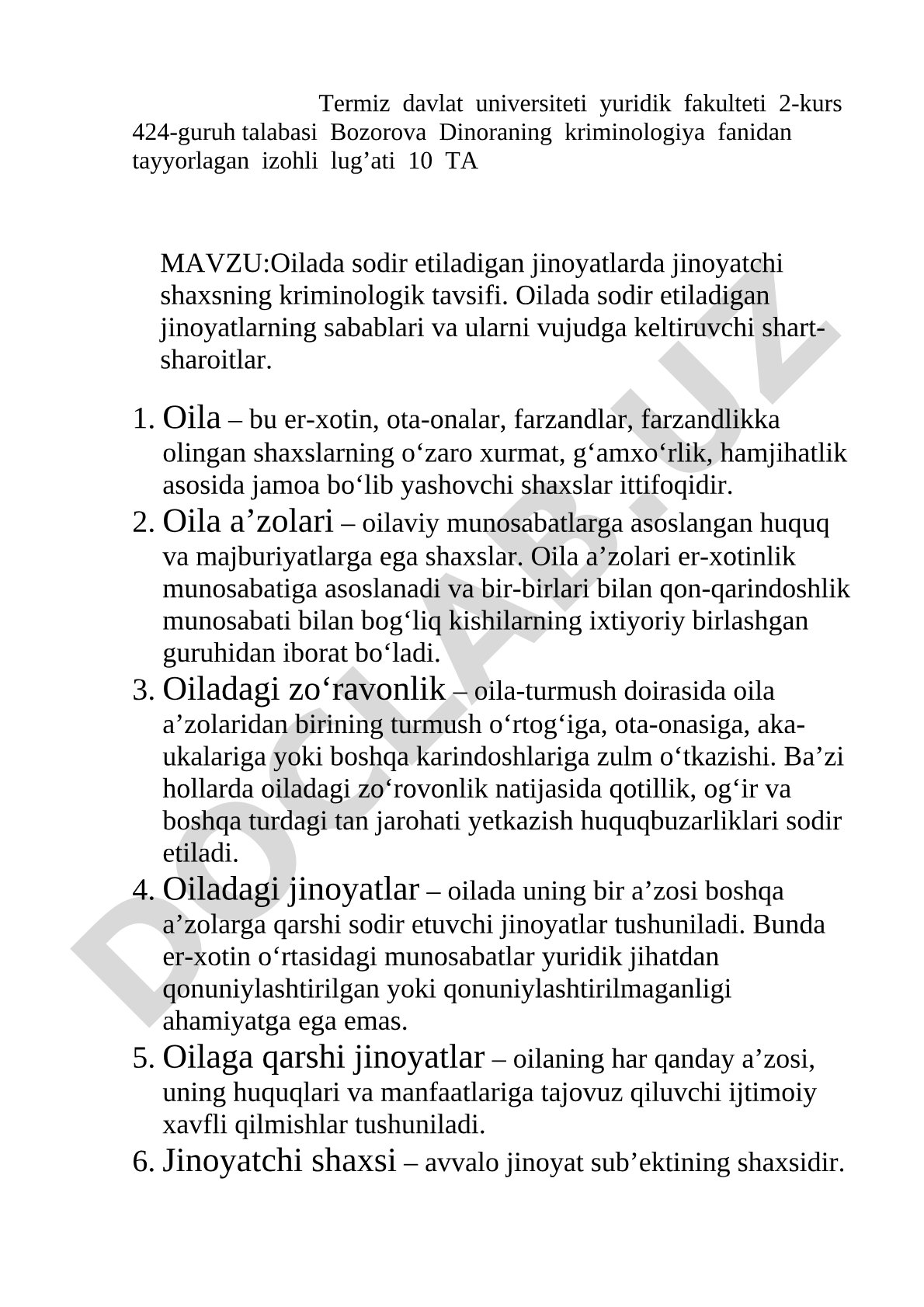 Oilada sodir etiladigan jinoyatlarda jinoyatchi shaxsning kriminologik tavsifi