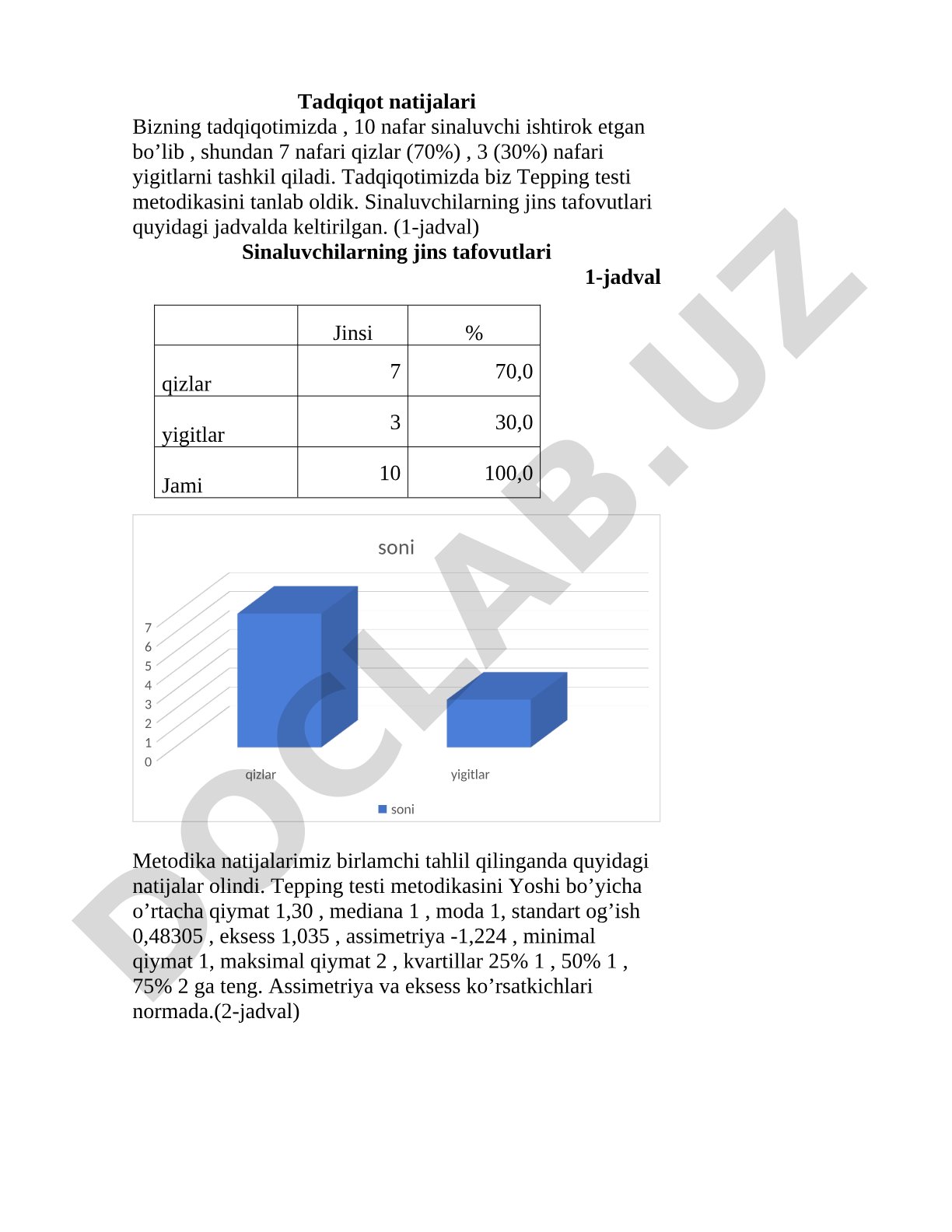 Tepping testi metodikasi bo'yicha tadqiqot natijalari