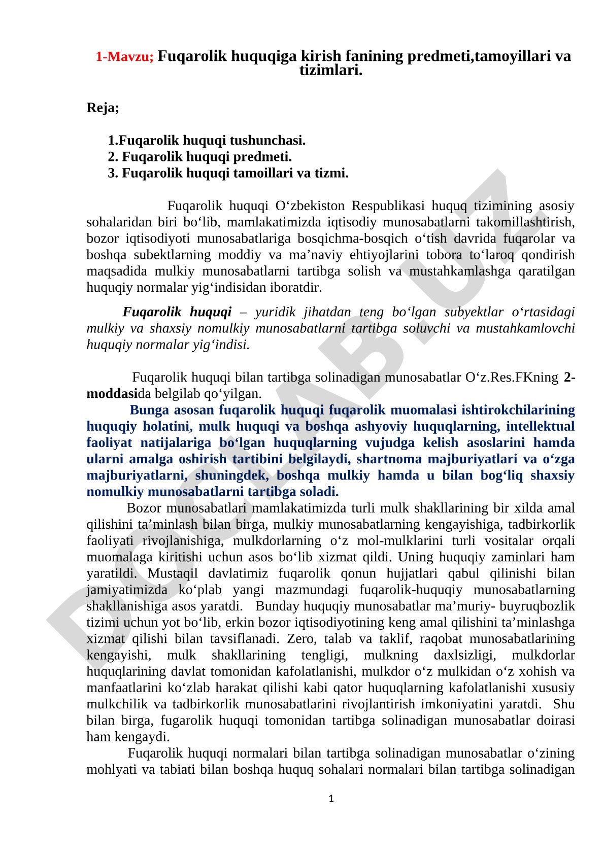Fuqarolik huquqiga kirish fanining predmeti, tamoyillari va tizimlari
