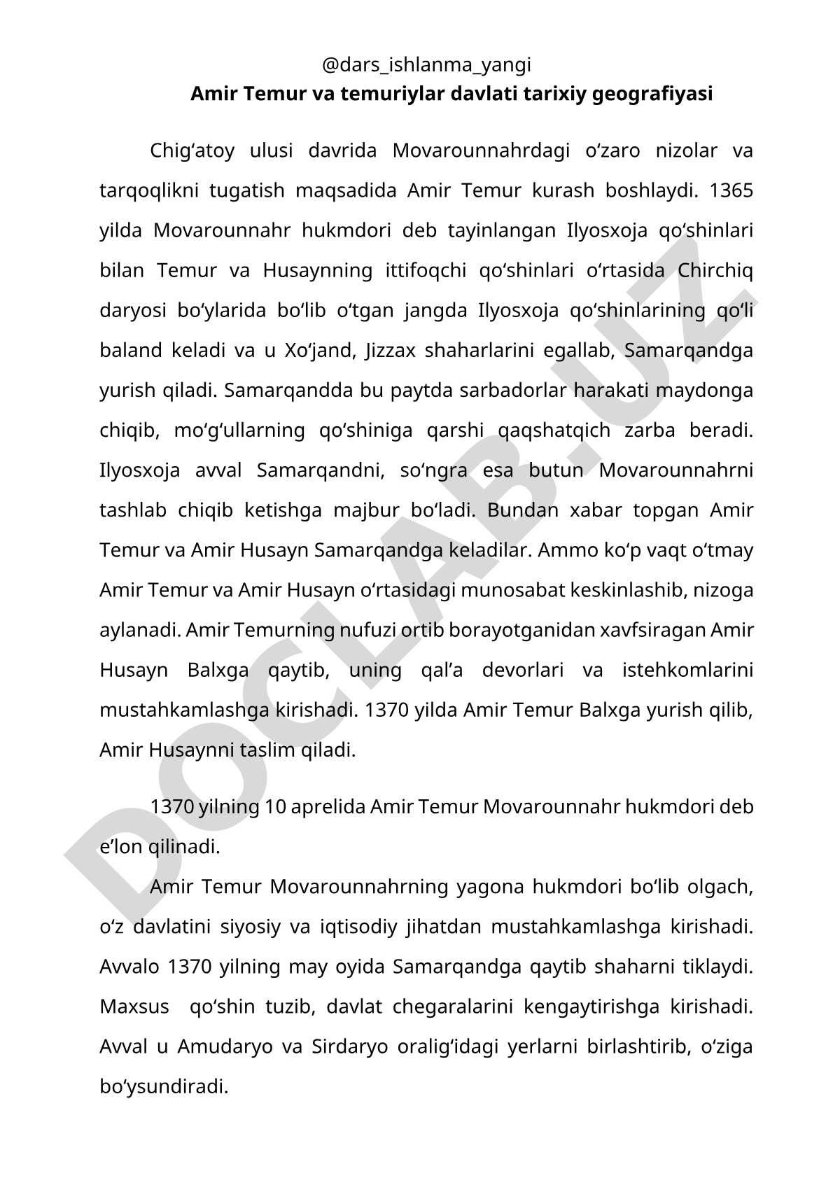 Amir Temur va temuriylar davlati tarixiy geografiyasi