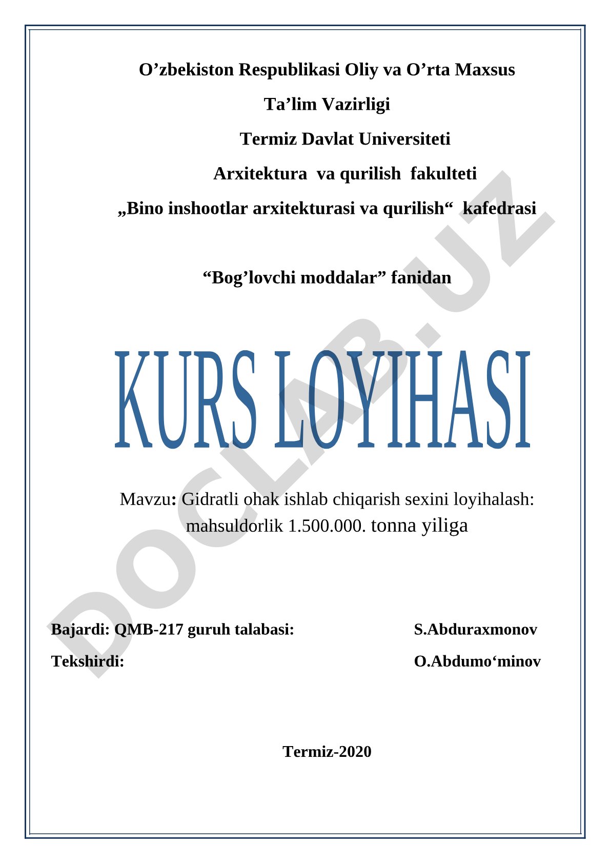 Gidratli ohak ishlab chiqarish sexini loyihalash: mahsuldorlik 1.500.000 tonna yiliga