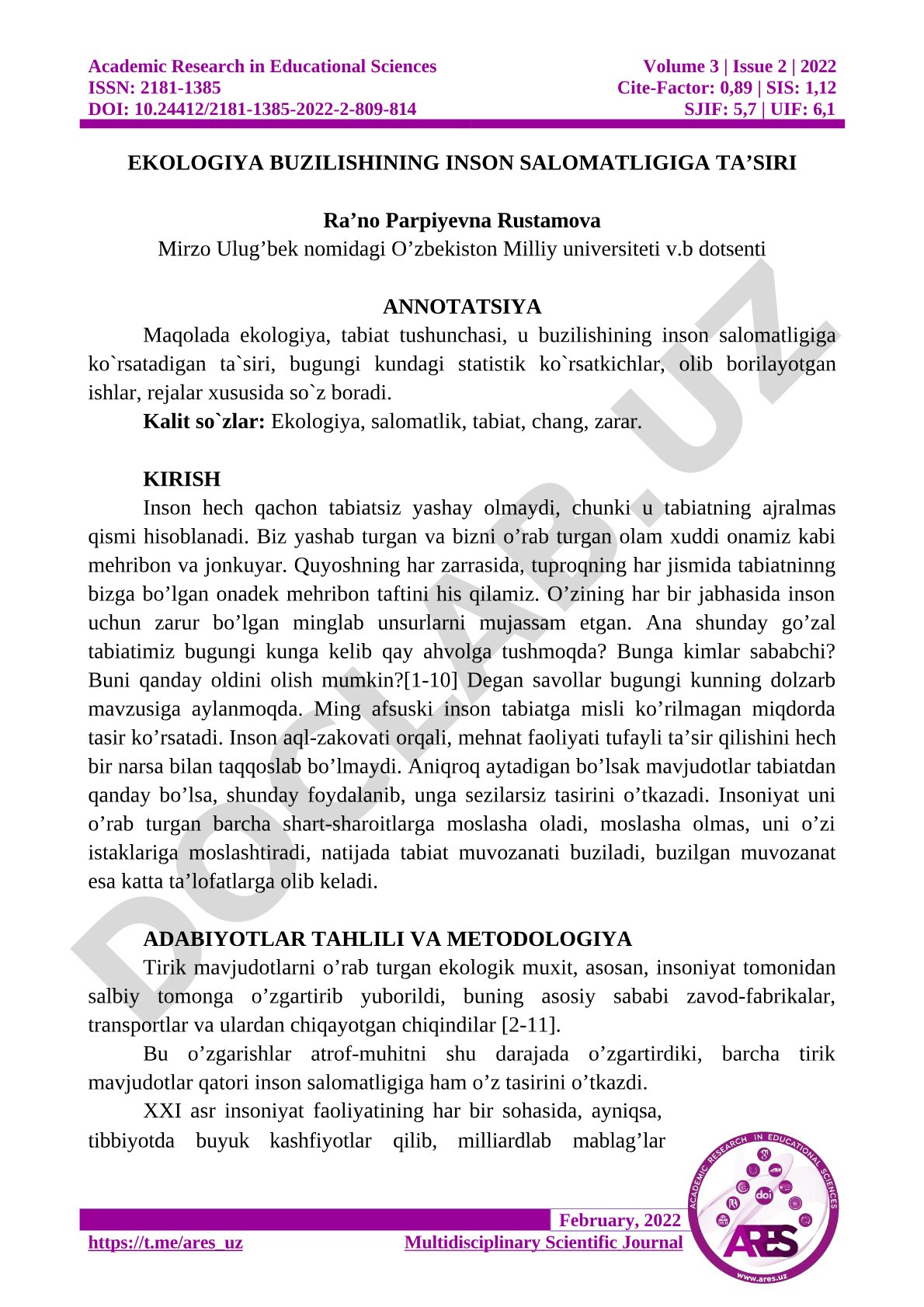 Ekologiya buzilishining inson salomatligiga ta'siri