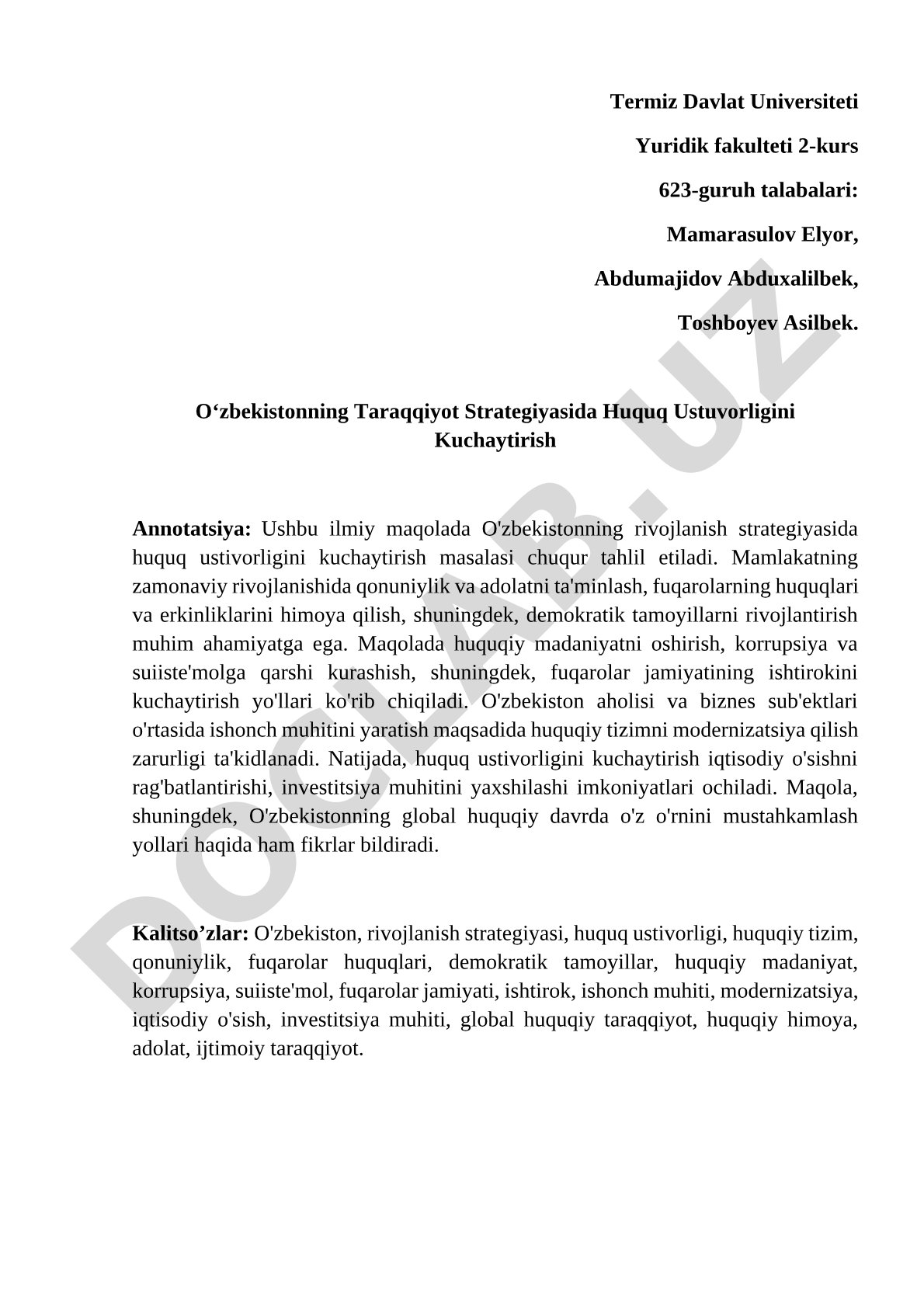 O‘zbekistonning Taraqqiyot Strategiyasida Huquq Ustuvorligini Kuchaytirish