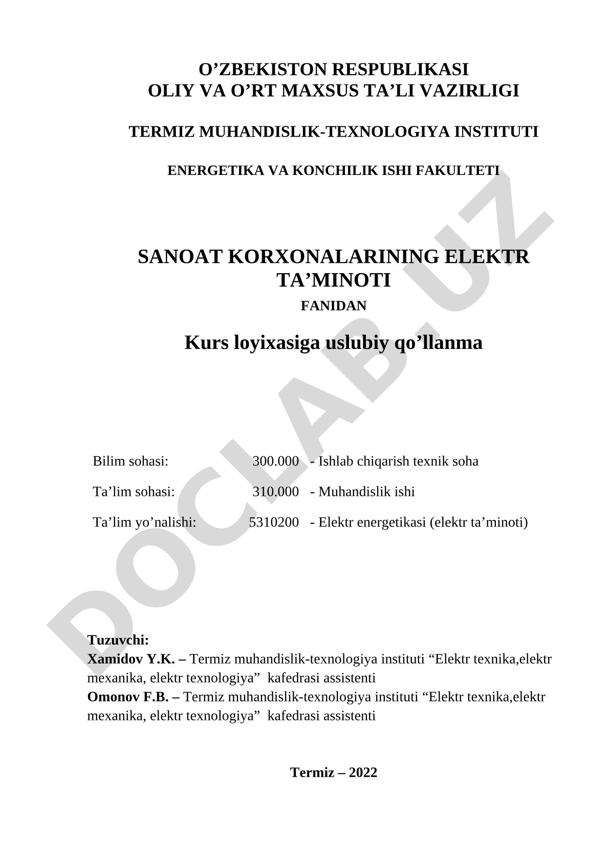 Sanoat korxonalarining elektr ta'minoti fanidan kurs loyihasiga uslubiy qo'llanma