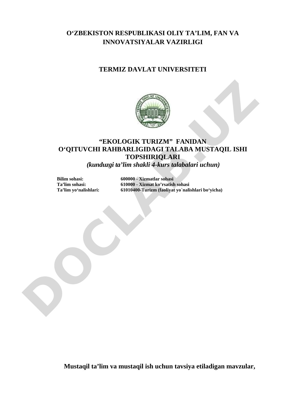 Ekologik turizm fanidan mustaqil ish topshiriqlari